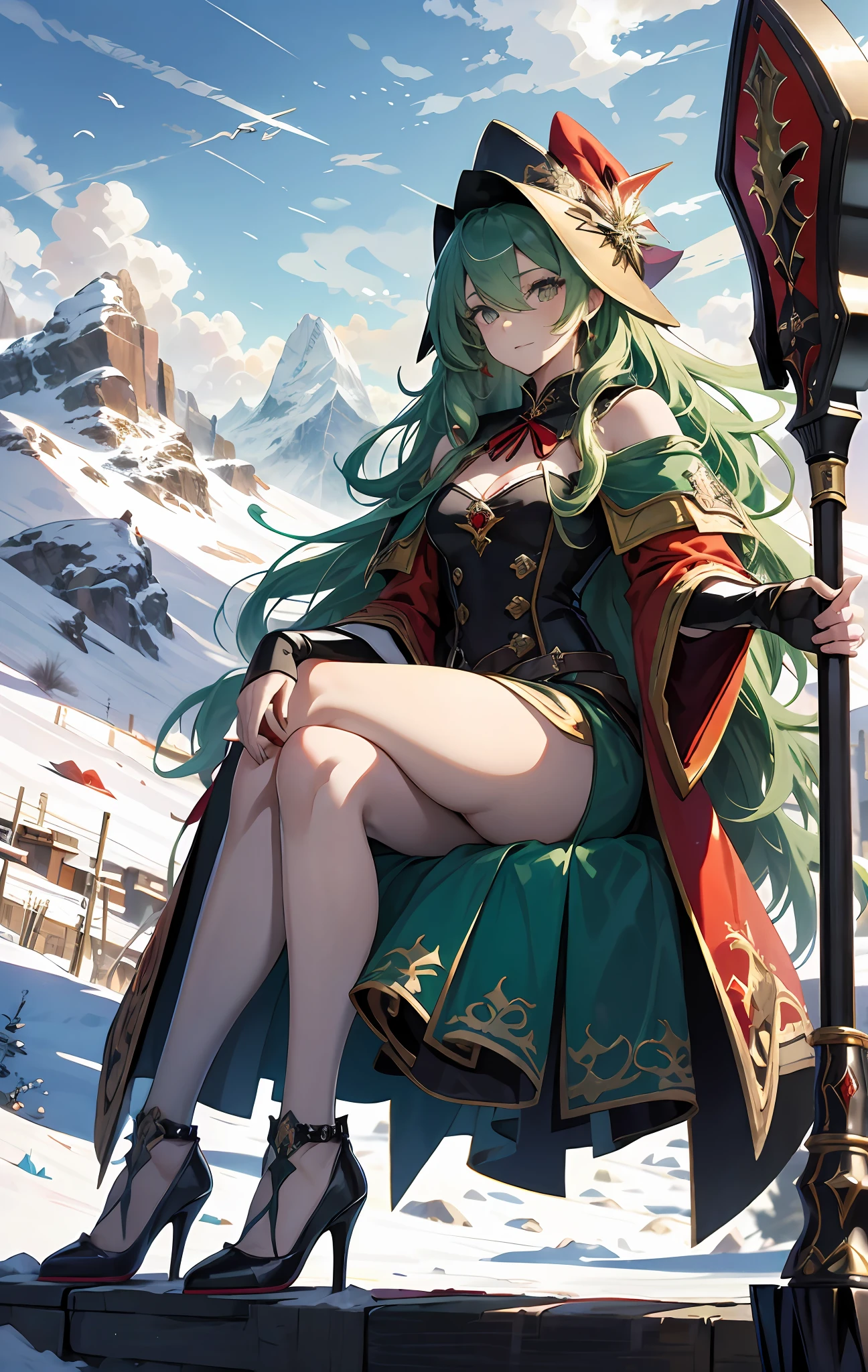 best qualityer,tmasterpiece,Ultimate resolution,downy,Extremely colorful,Colorful,Alpine background,Sky flight,(Red magic robe long dress),Long flowing green hair,The Witch,a matural female,(red high heel pumps),Sit on a magical broom,Normal posture,Normal posture