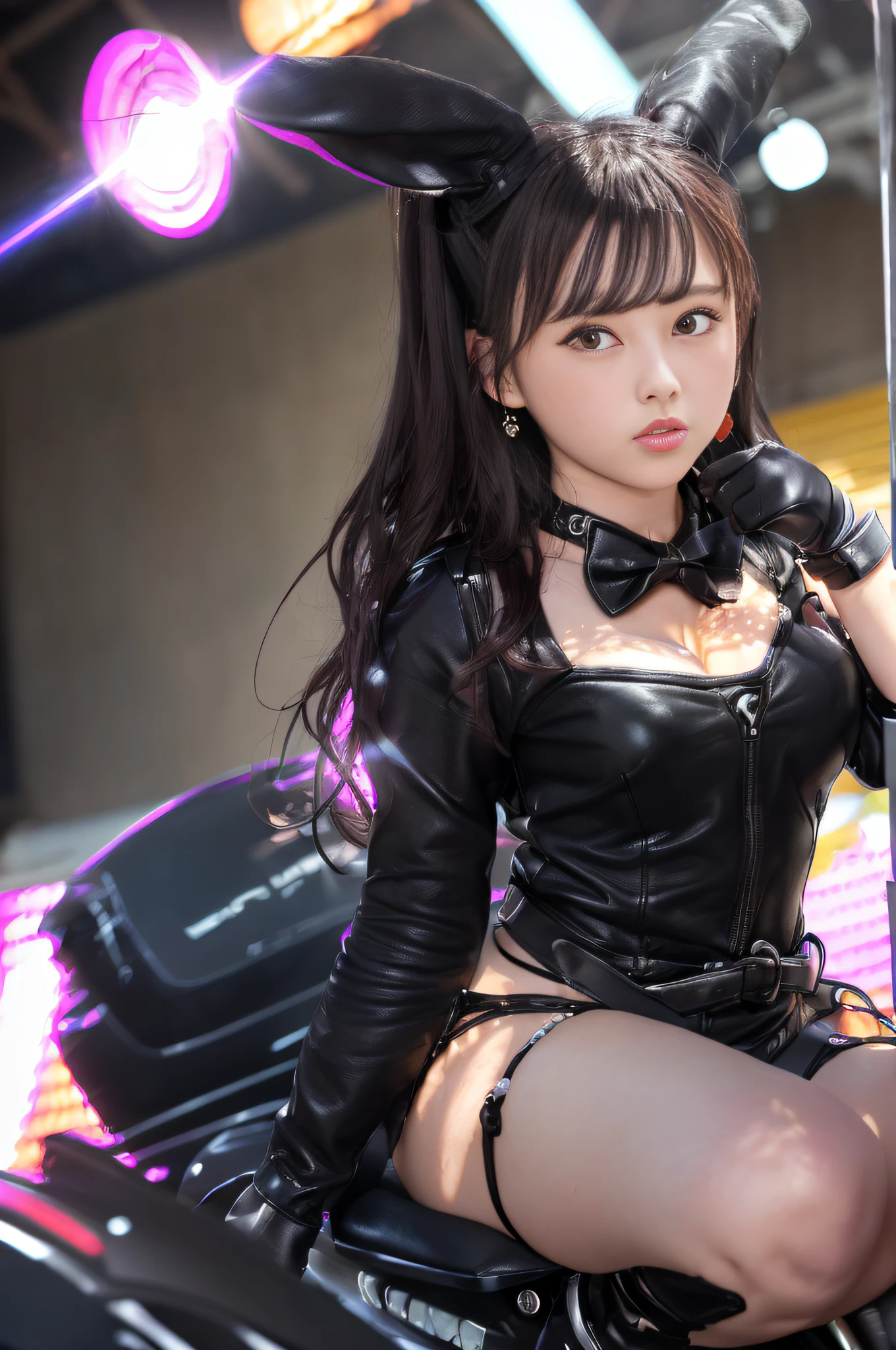 (((Girl driving a large motorcycle)))、(((Girl driving big motorcycle in the center of stage set)))、((Black theme))、(((Long ears black bunny girl hair band)))、(((Twin-tailed)))、(((Hair that flutters in the wind)))、Photorealsitic、超A high resolution、Convoluted、ultra-detailliert、(dent in the skin)、Cute、Feminine、Detailed body、the chest is medium、(A detailed face: 1.1)、(Outline of the iris)、(Hydrocore Lens)、(perfect  eyes)、8K picture quality、16k picture quality、Beautiful fece、(​masterpiece: 1.2)、(top-quality:1.2)、wide-hips、slenderbody、Optimal ratio of 4 fingers to 1 thumb、actionpose、((Black Enamel Knee-High Boots))、((Black Enamel Long Gloves)) 、(((Black Micro Bikini)))、(((Bunny girl collar and black bow tie)))、(((Accurately depict limbs))))、NSFW、(((Dark concert stage)))、(((Flying laser beam)))、(((Pink downlight)))、(((Flying Spotlight)))、(((Glittering Stage Sets)))Large motorcycle in the rear、Harbor at dusk、Battleship in the back、Aircraft carrier in the back