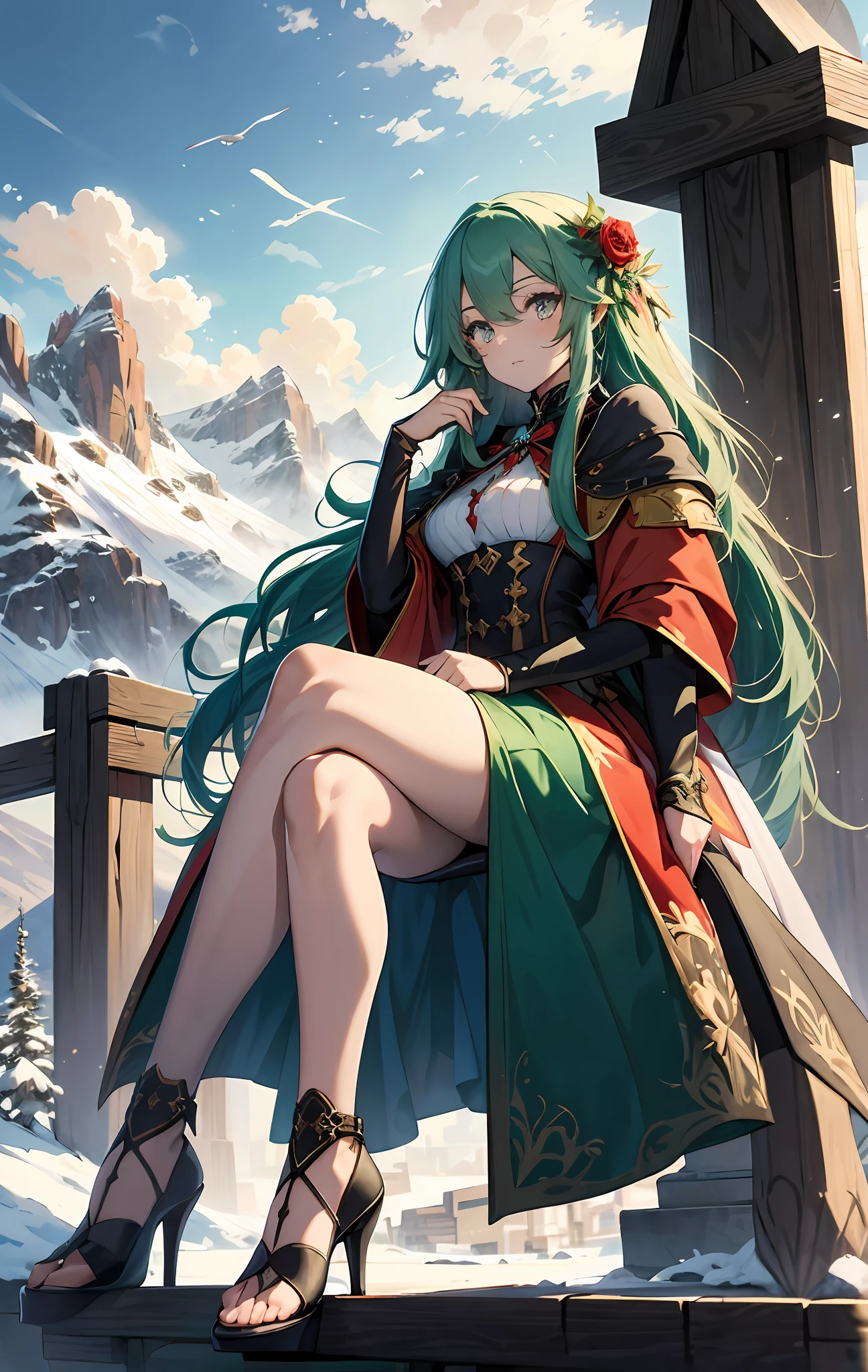 best qualityer，tmasterpiece，Ultimate resolution，downy，Extremely colorful，Colorful，Alpine background，Sky flight，（Red magic robe long dress），Long flowing green hair，The Witch，a matural female，（red high heel pumps），Sit on a magical broom，Normal posture，Normal posture