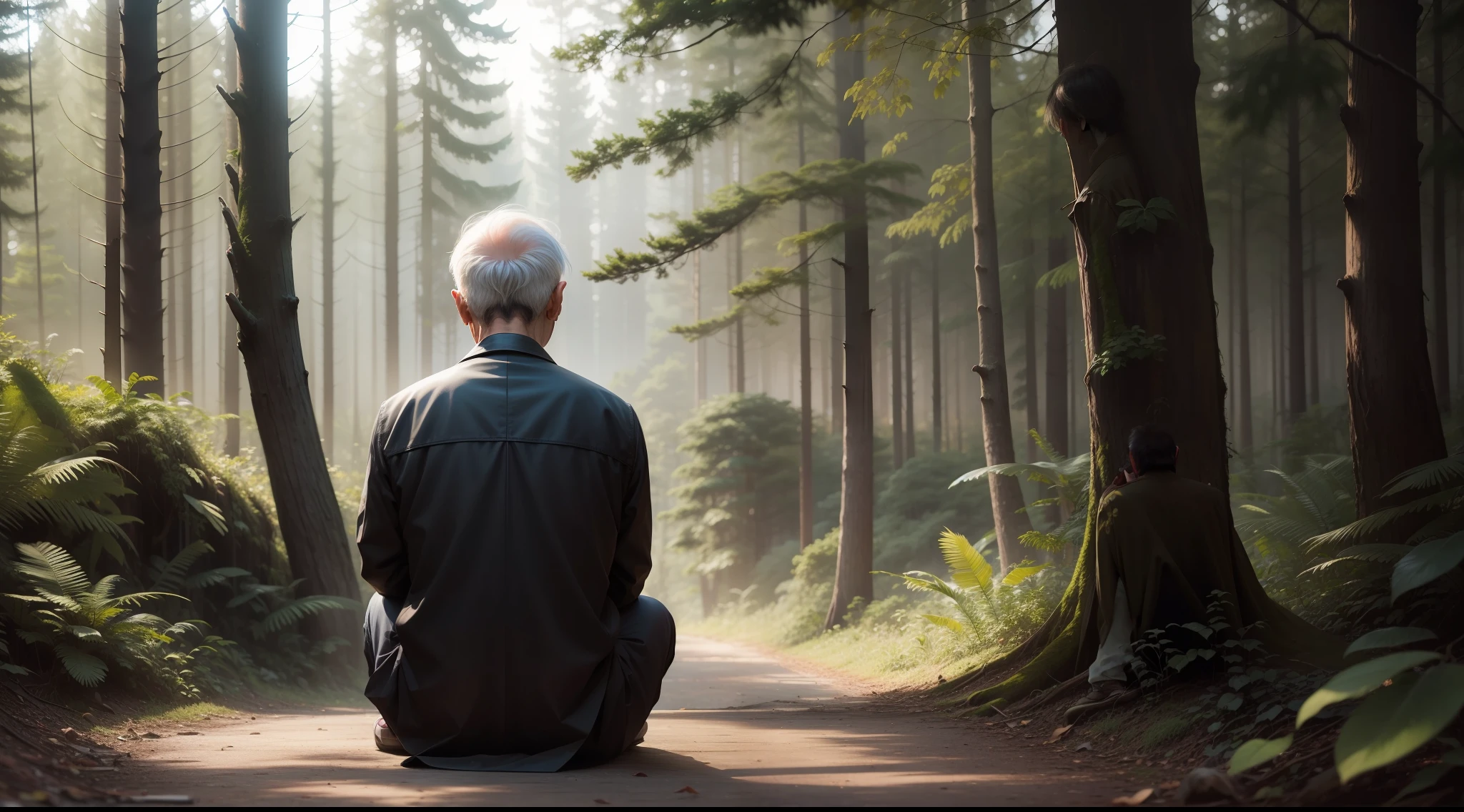 70 year old oriental man sitting with his back looking at a forest