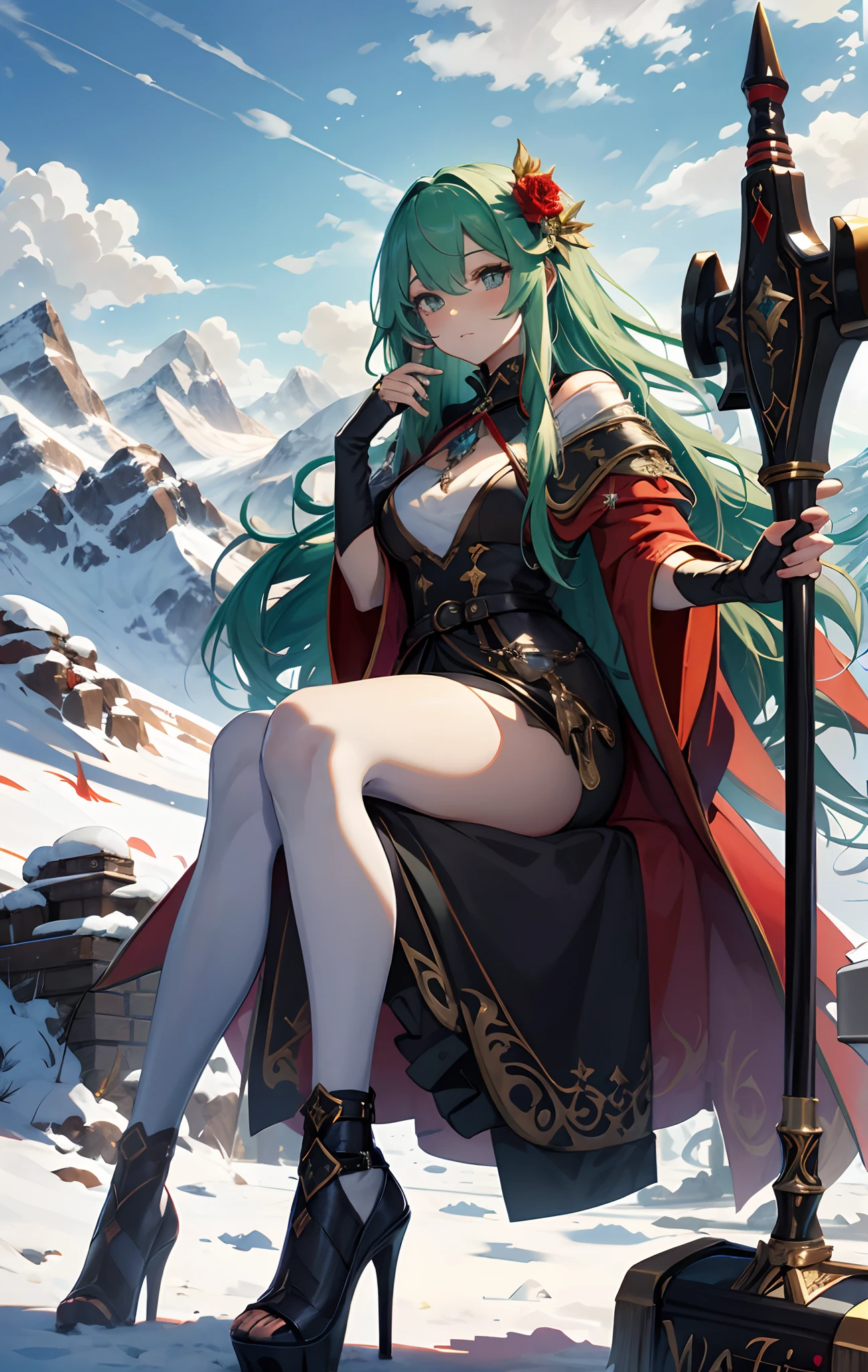 best qualityer,tmasterpiece,Ultimate resolution,downy,Extremely colorful,Colorful,Alpine background,Sky flight,(Red magic robe long dress),Long flowing green hair,The Witch,a matural female,(red high heel pumps),Sit on a magical broom,Normal posture,Normal posture