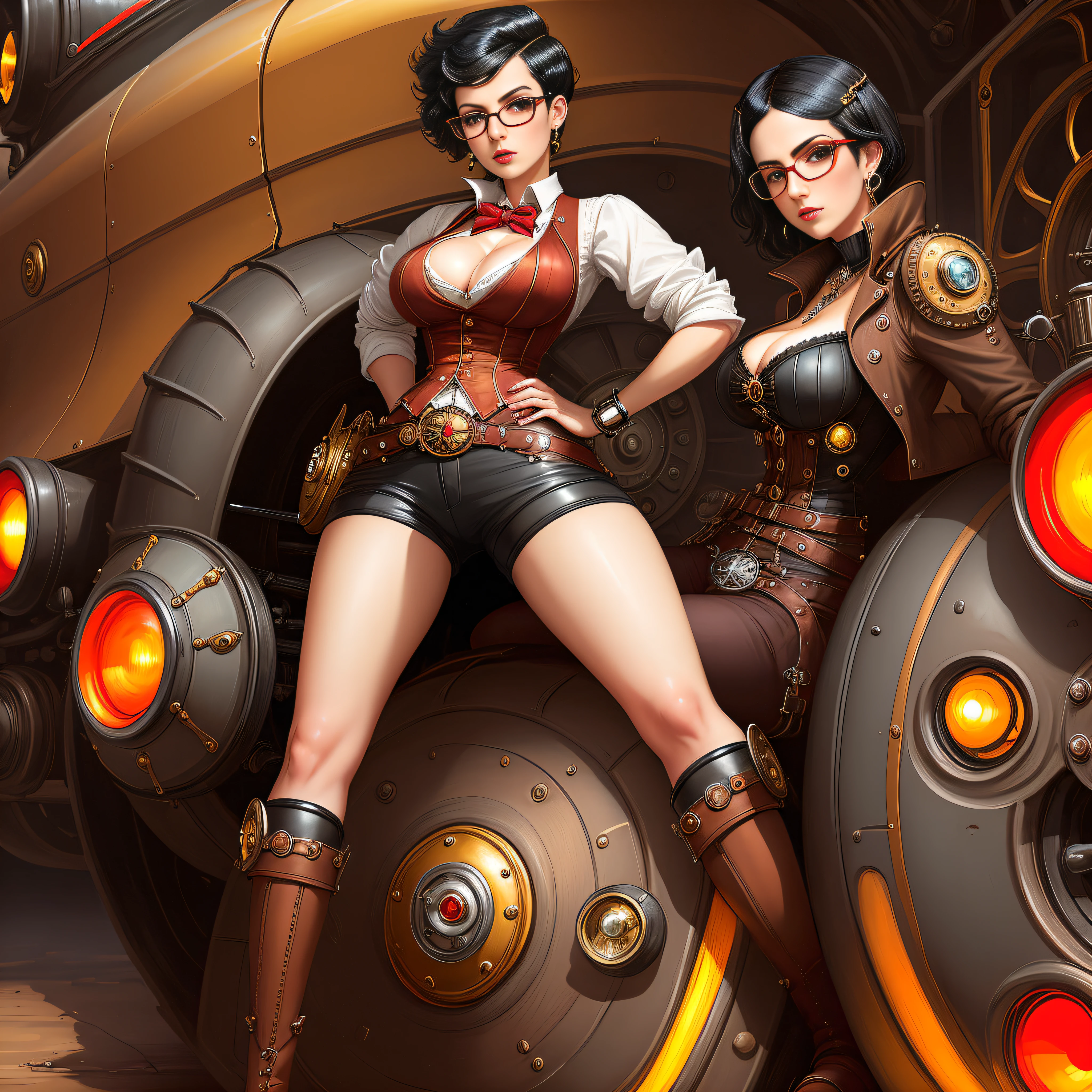 a woman in front of steampunkai car, center composition, black hair, red glasses, short pants, pin-up pose, sexy, dominant, erotic,