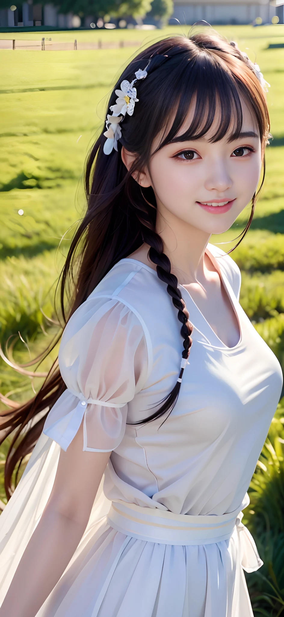 18-year-old smiling female classmate,(best qualtiy,8K,tmasterpiece:1.3),Goose egg face,largeeyes,long eyelasher,Exquisite(live-action realistic style),Star-like eyes,Ultimate face,Photorealistic light and shadow,Clear facial features,Milky white skin,Fair skin, highdetailskin, Realistic skin details, Visible Pore,(Super detail),(perfect bodies:1.1),Two braids,Hanfu,Ribbons,(dynamicposes),((Dynamic background((volumettic light:1.3)) ,grassy fields,school ground