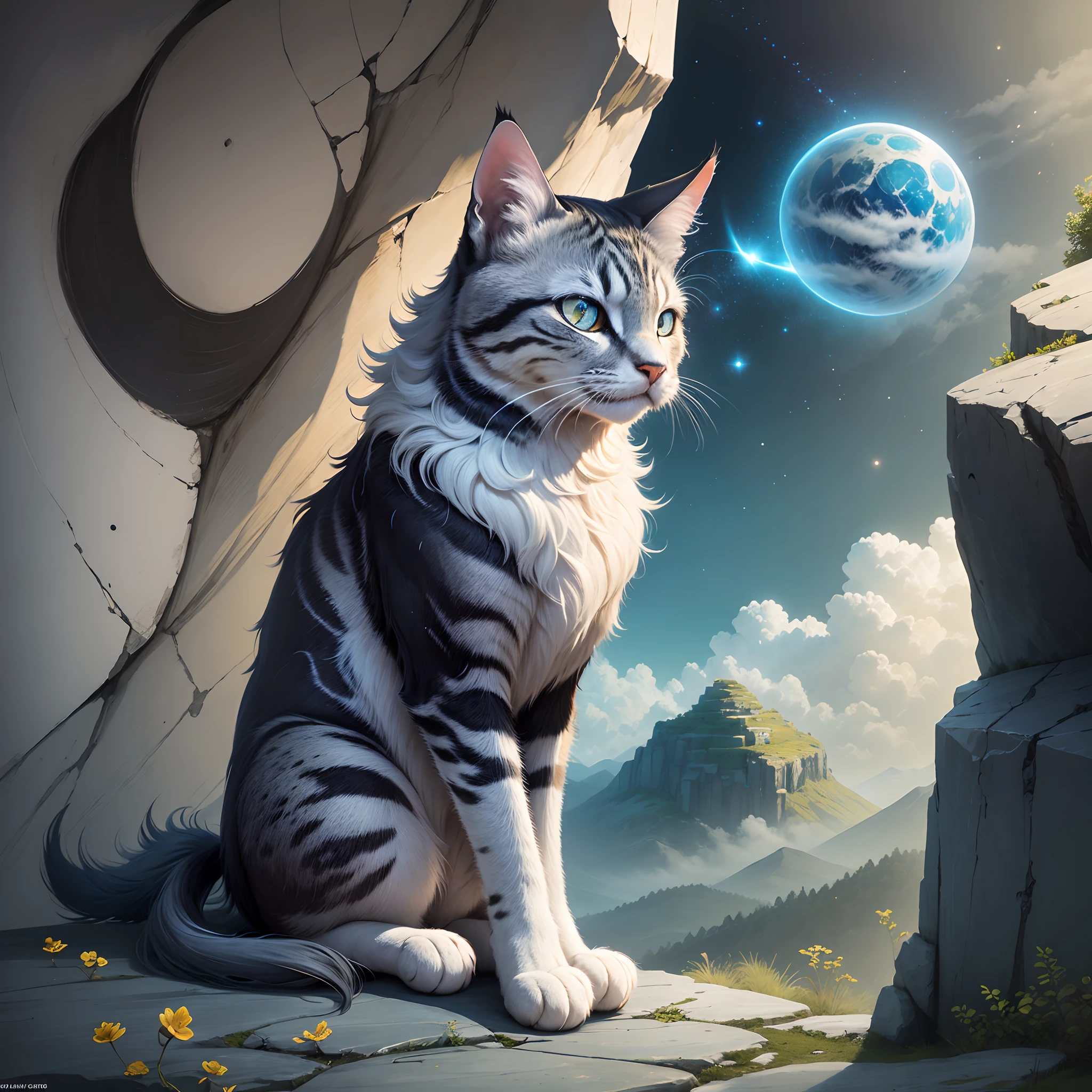 charecter name luna is the cat "Luna is a cute and fluffy cat with fur that glistens with stardust, giving her an ethereal appearance. Her eyes are a bright, inquisitive shade of blue, reflecting her curious nature" second charecter name :Gravitus the Wise Planet "Gravitus is a massive planet with a serene and contemplative demeanor. He has a weathered, rocky surface with valleys and mountains, resembling the wrinkles of wisdom"lets create "Luna sitting on a rocky ledge next to Gravitus, the wise planet, as he imparts his thoughtful advice" --auto --s2