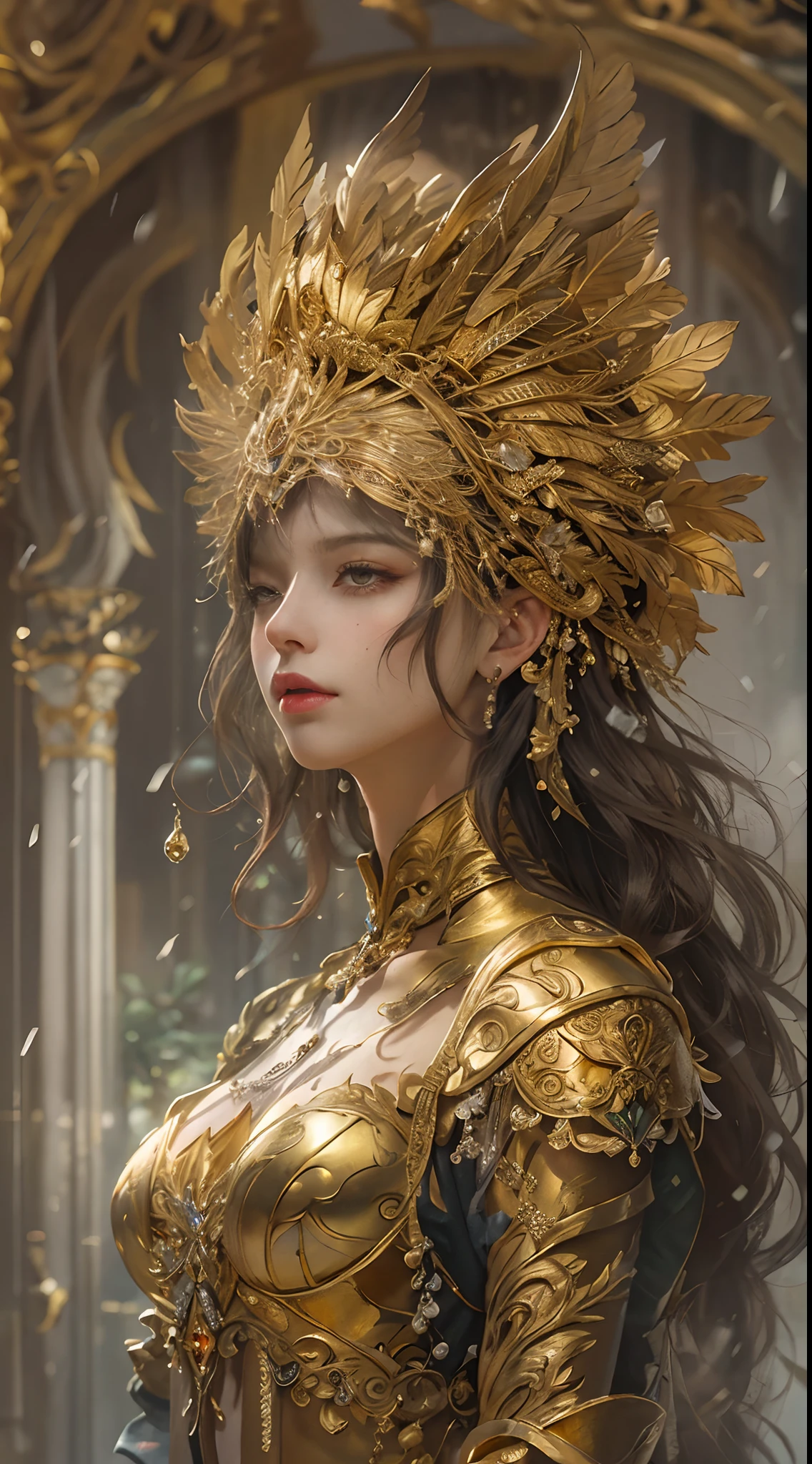 Woman in gold dress, Real Art Station, Heavy rain scene, detailed fantasy art, Stunning character art, Beautiful exquisite character art, Beautiful gold armor, Extremely detailed, Girl in Shining Armor, Exquisite Intricate Headdress and Jewelry, Full body capture,