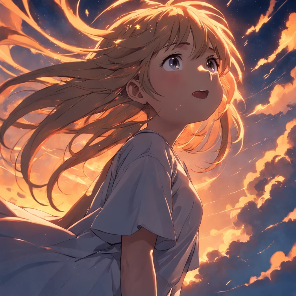 (obras de arte, melhor qualidade, cinematographic scene, 1girl, garota em uma nuvem, floating into the sky, close-up, brilho intenso, expression happy, Soft lighting and Warm, sun sunset, Sparks: 0,7)