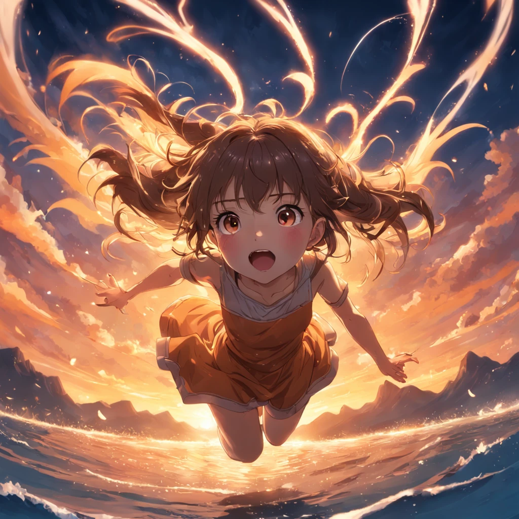 (obras de arte, melhor qualidade, cinematographic scene, 1girl, garota em uma nuvem, floating into the sky, close-up, brilho intenso, expression happy, Soft lighting and Warm, sun sunset, Sparks: 0,7)