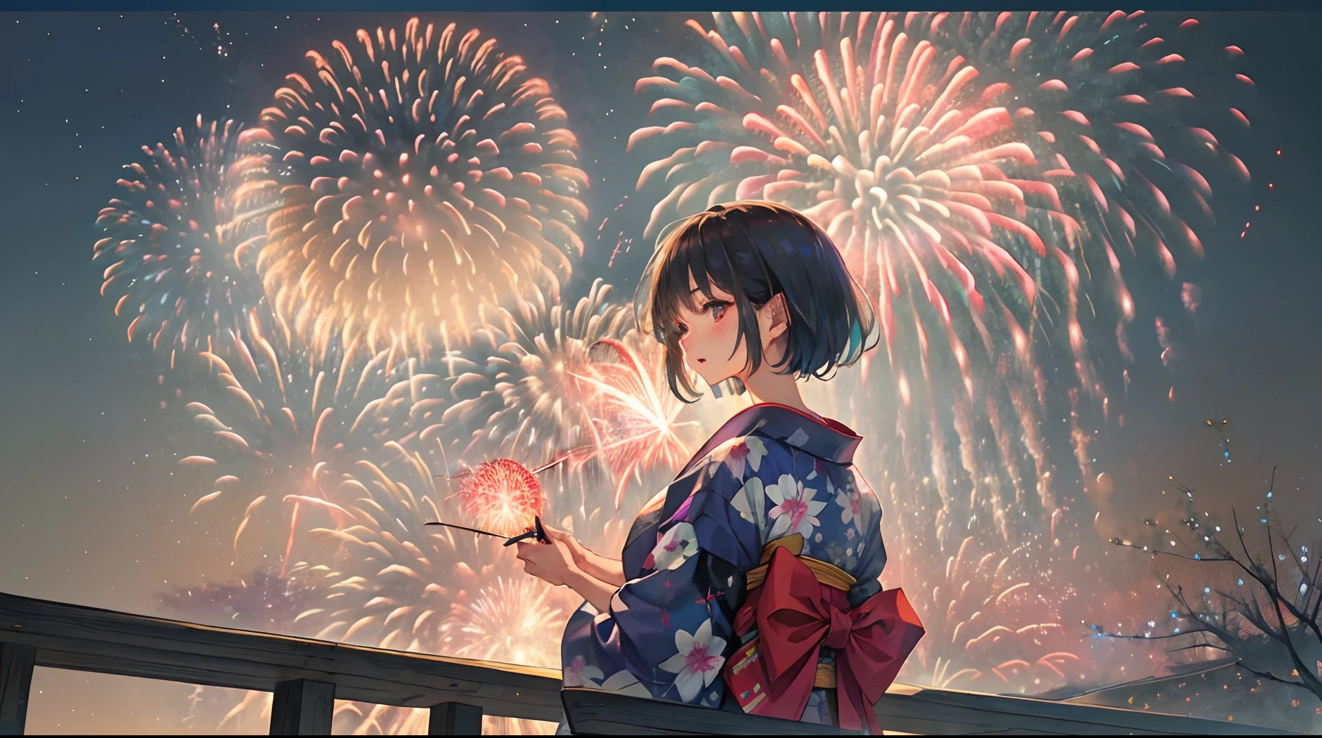 There is a woman wearing a yukata, Watch a spectacular fireworks display. Fireworks are huge and、Symbolizes the summer nights of the Japan's traditional festivals. (((Woman impressed while staring at fireworks))). (Illustrations are of high quality).((Transparent overall)),Fireworks are great