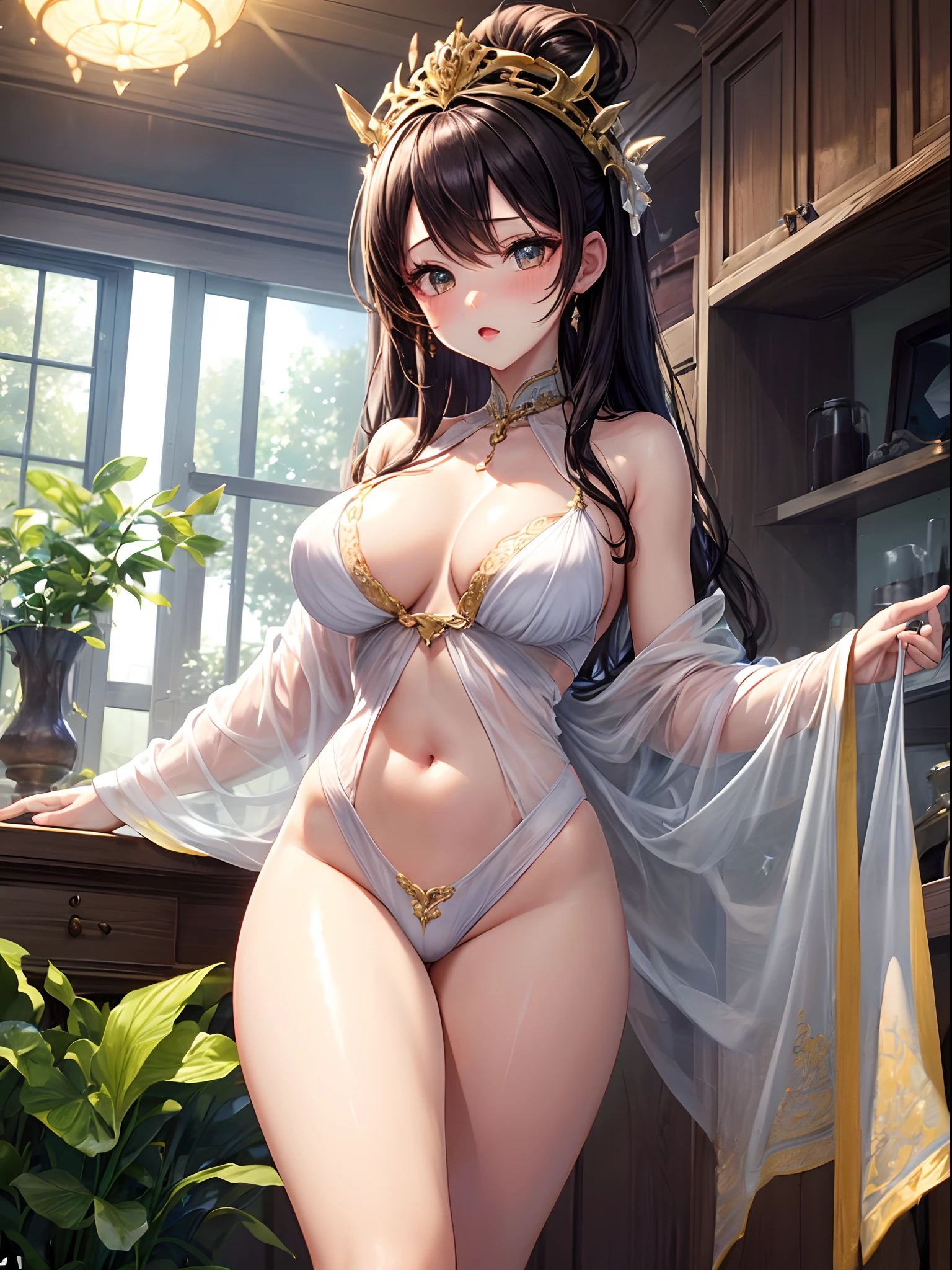 Ultimate Masterpiece, (Fidelity: 1.2), (Sexy), (Asian)), Infinite Scenery, (White: 1.2 + Fair: 1.1), Big Breasts, Two Points Dew, (Translucent: 1.1), Looming, (Tong: 1.0), Pubic Hair, Open Crotch, Open Legs, (Smooth: 1.1), (Clear Curve Details: 1.1), (Cute: 0.9), (Shiny: 1.1), (Goddess: 1.2), Domestic Style, The Warmest Yellow, The Environment Misty and Elegant, The model is beautiful and sexy,