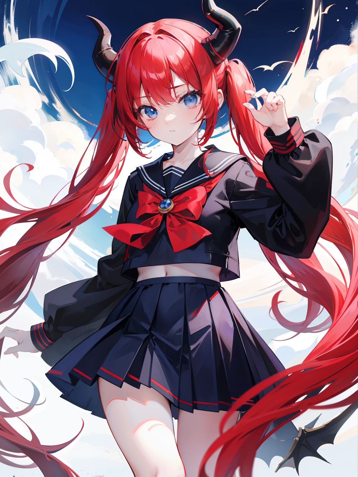 red hair, blue eyes, twintails, Sailor suit,black coat, Dragon horns,Pleated skirt,solo,loli,cute,bow