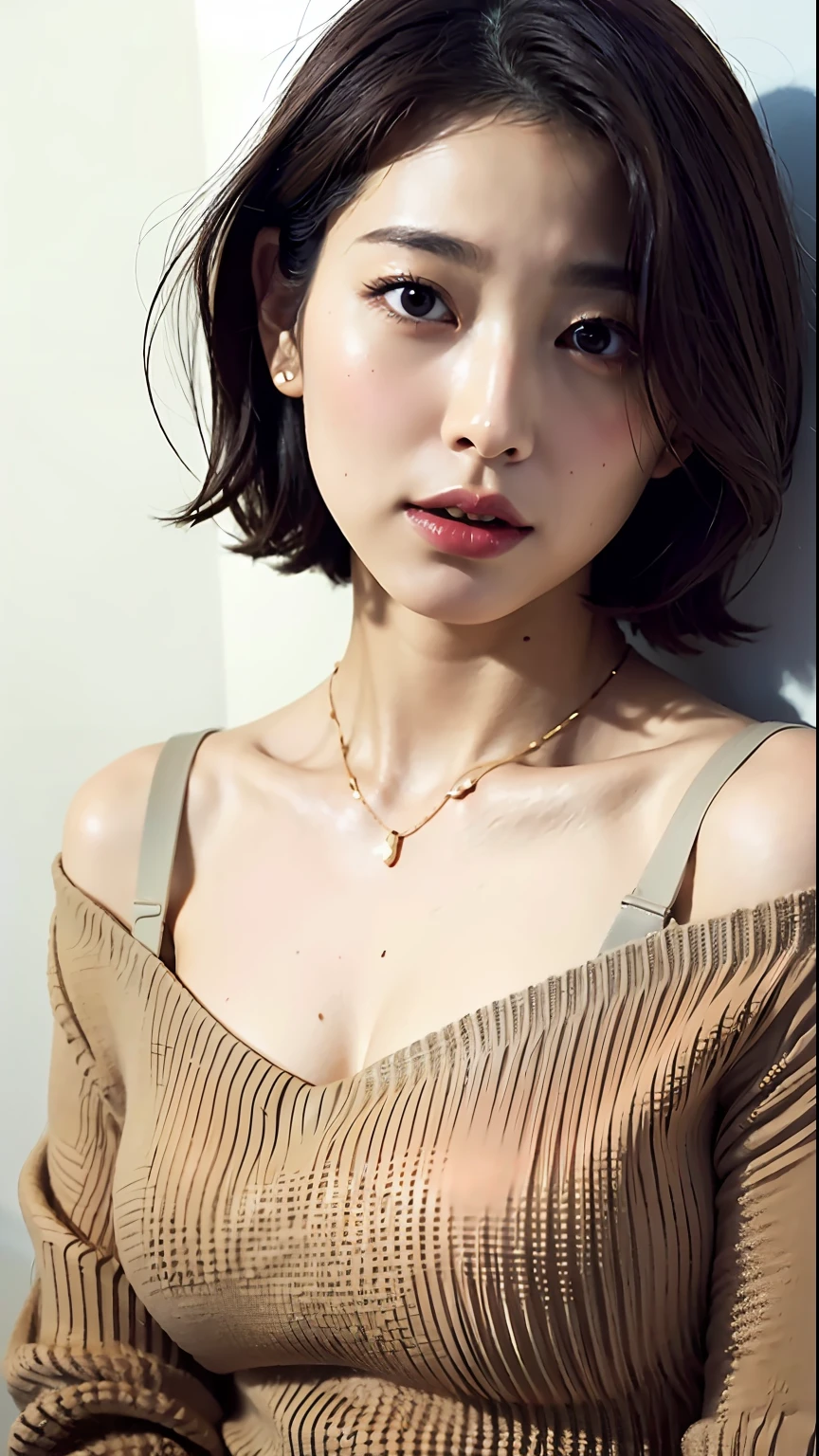 (Best quality, 8k, 32k, Masterpiece, UHD:1.2),Photo of Pretty Japanese woman, large breasts, very short layered bob hair,upper body,face focus,off shoulder sweater, necklace, simple background, from above, looking at viewer,