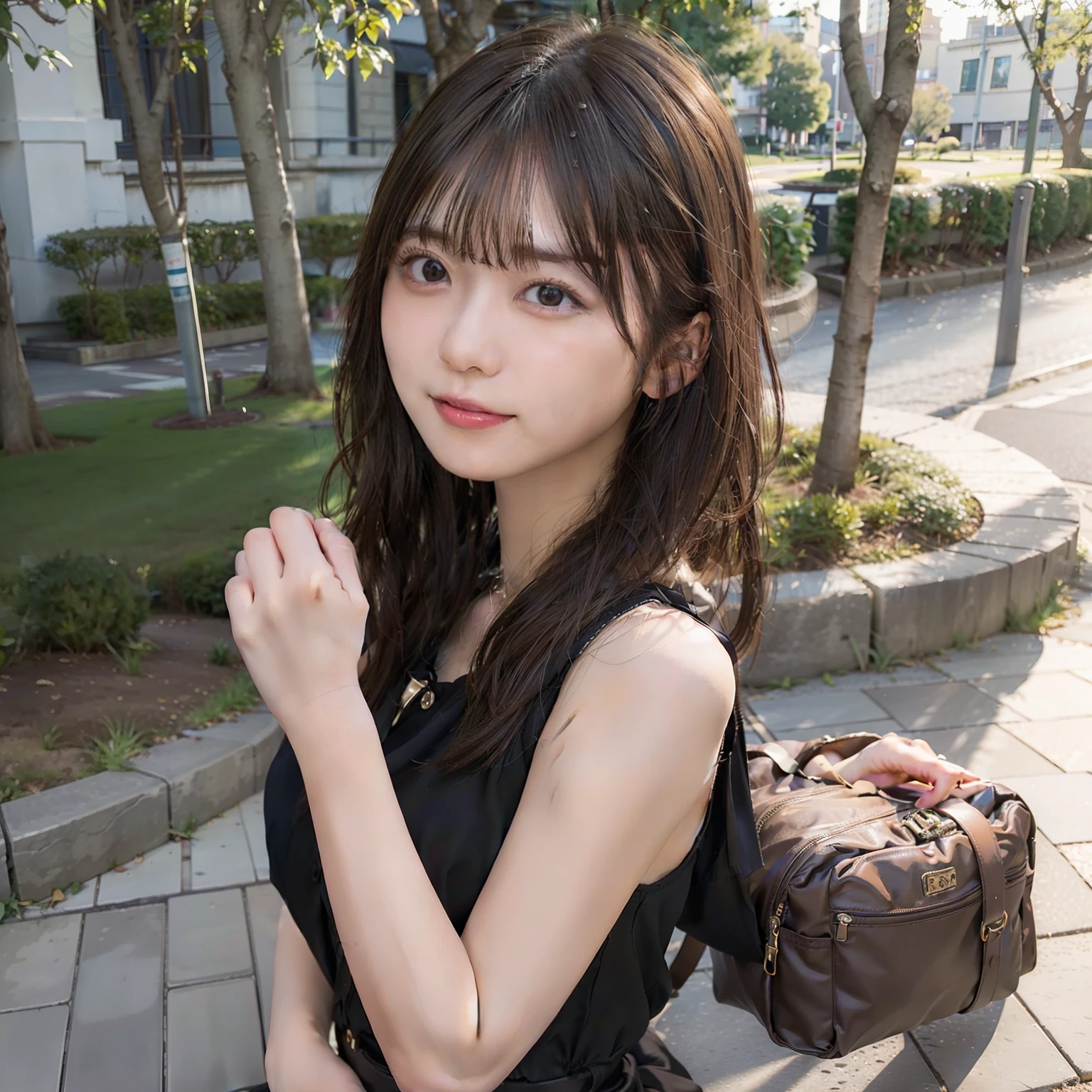 in 8K,Best Quality:1.4, 超A high resolution:1.5, (Photorealistic:1.4),masterpiece:1.2,(top-quality:1.4)、 Raw photo、 (From the knee up:1.6, From Side:0.7), (the background is blurred), a park,FULL BODYSHOT:1.4、 1日本人の女の子, Cute, (Solo), (Shy smile), Smooth skin、 (Brown medium hair,Bangs), (touch hair:1.4)、nogizaka、cute little、Supple fingertips,Beautiful black eyes、natural skin textures:1.3, realistic eyes and face details:1.7、middlebreasts、Backshots:1.2、the setting sun、Gravure Pose:1.1、Toned buttocks:1.5、gazing at viewer