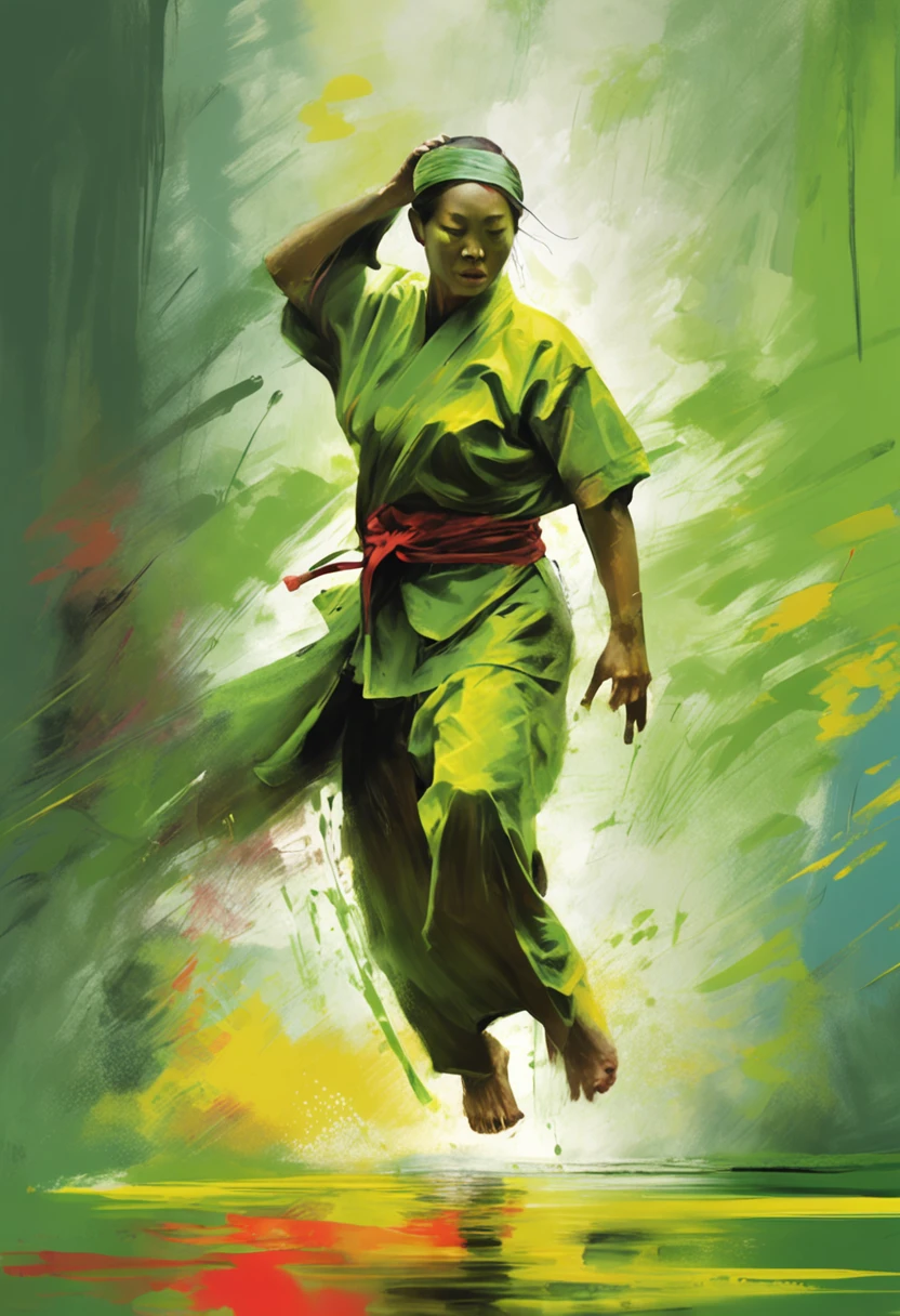 1 girl, kung fu, green bamboo forest, surrounded by rain, illustration style, motion blur, long exposure fullbody, exquisite facial features, Chinese styleink style, martial arts style, selective focus, panorama, (Bokeh:1.5)