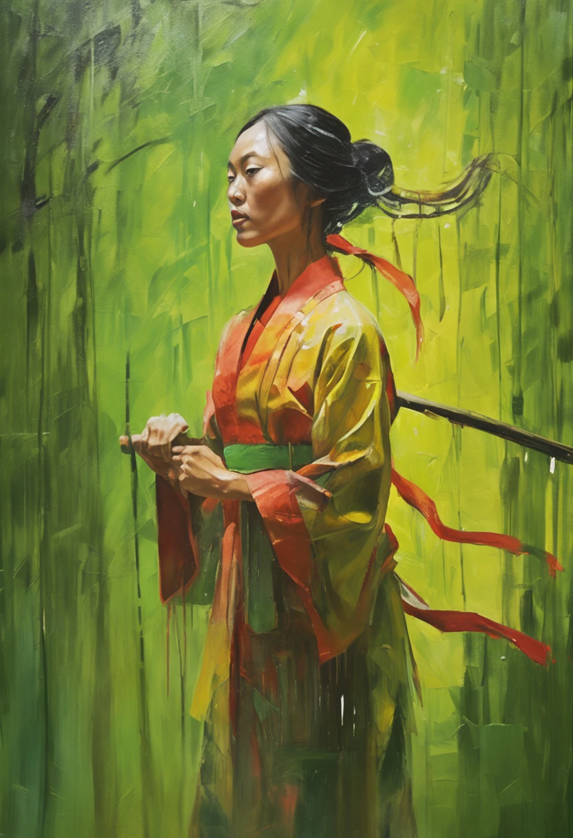 1 girl, kung fu, green bamboo forest, surrounded by rain, illustration style, motion blur, long exposure fullbody, exquisite facial features, Chinese styleink style, martial arts style, selective focus, panorama, (Bokeh:1.5)