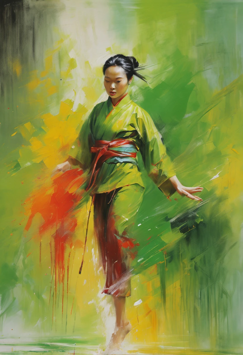 1 girl, kung fu, green bamboo forest, surrounded by rain, illustration style, motion blur, long exposure fullbody, exquisite facial features, Chinese styleink style, martial arts style, selective focus, panorama, (Bokeh:1.5)