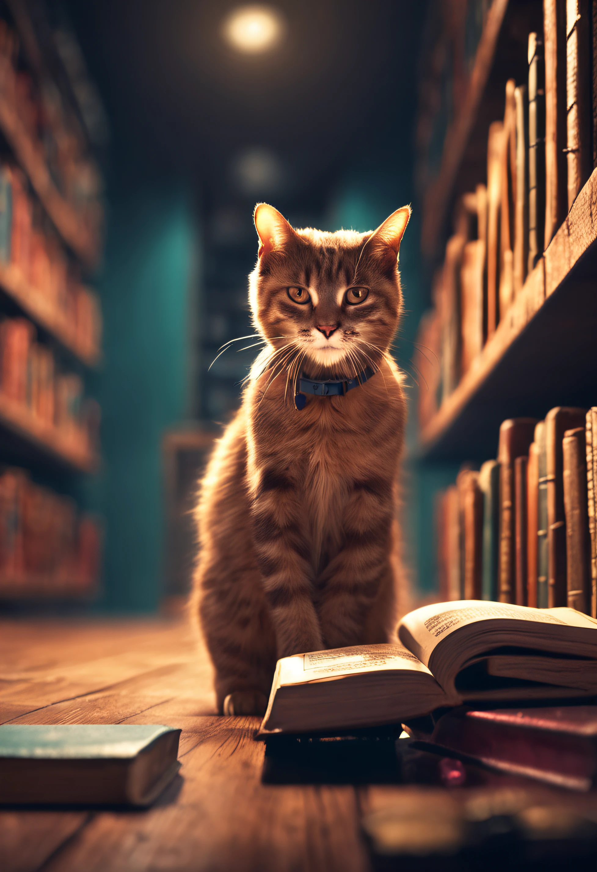 Cute cat walking in yhe library at night