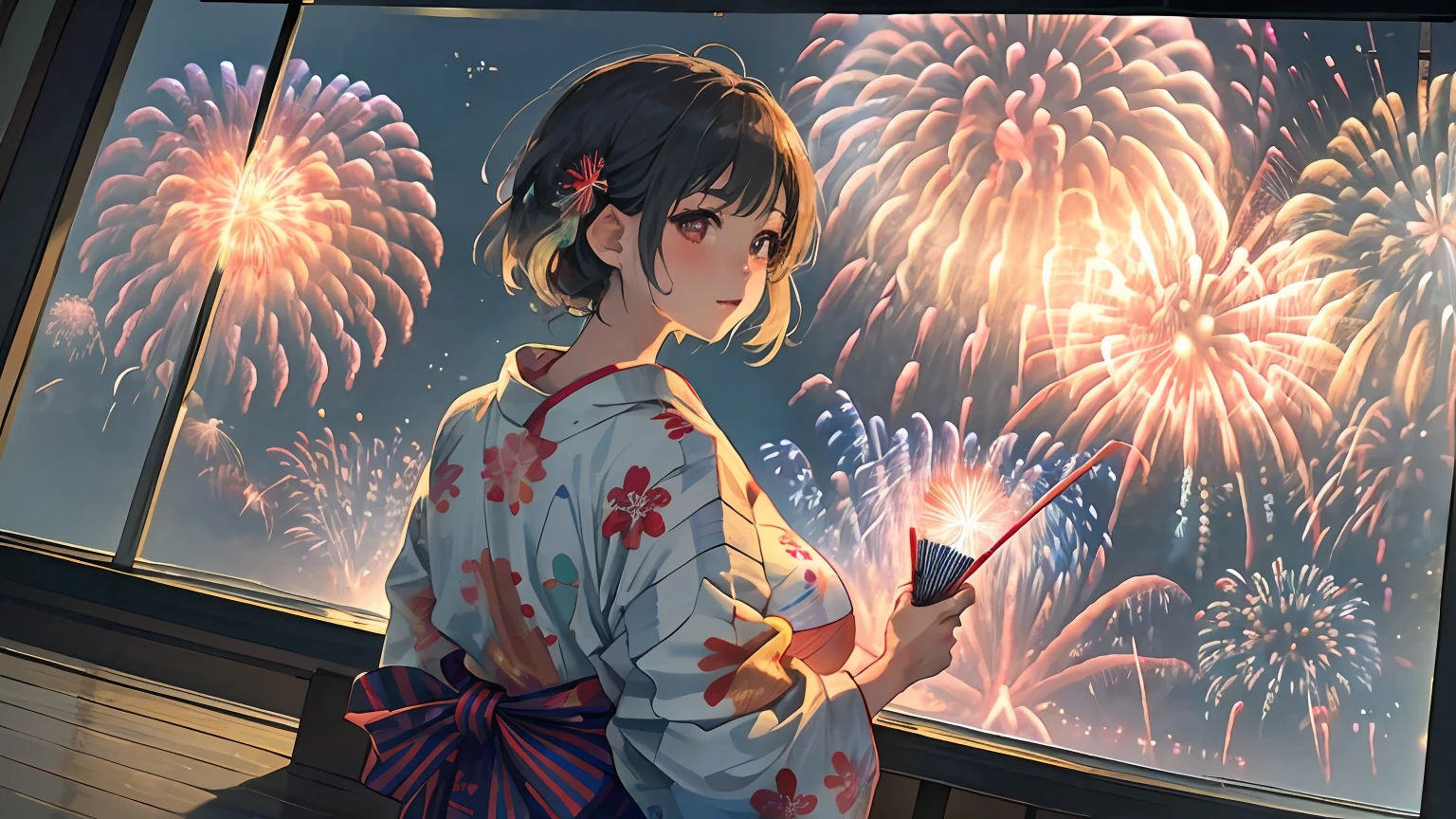 There is a woman wearing a yukata, Watch a spectacular fireworks display. Fireworks are huge and、Symbolizes the summer nights of the Japan's traditional festivals. (((Woman impressed while staring at fireworks))). (Illustrations are of high quality).((Transparent overall)),Fireworks are great