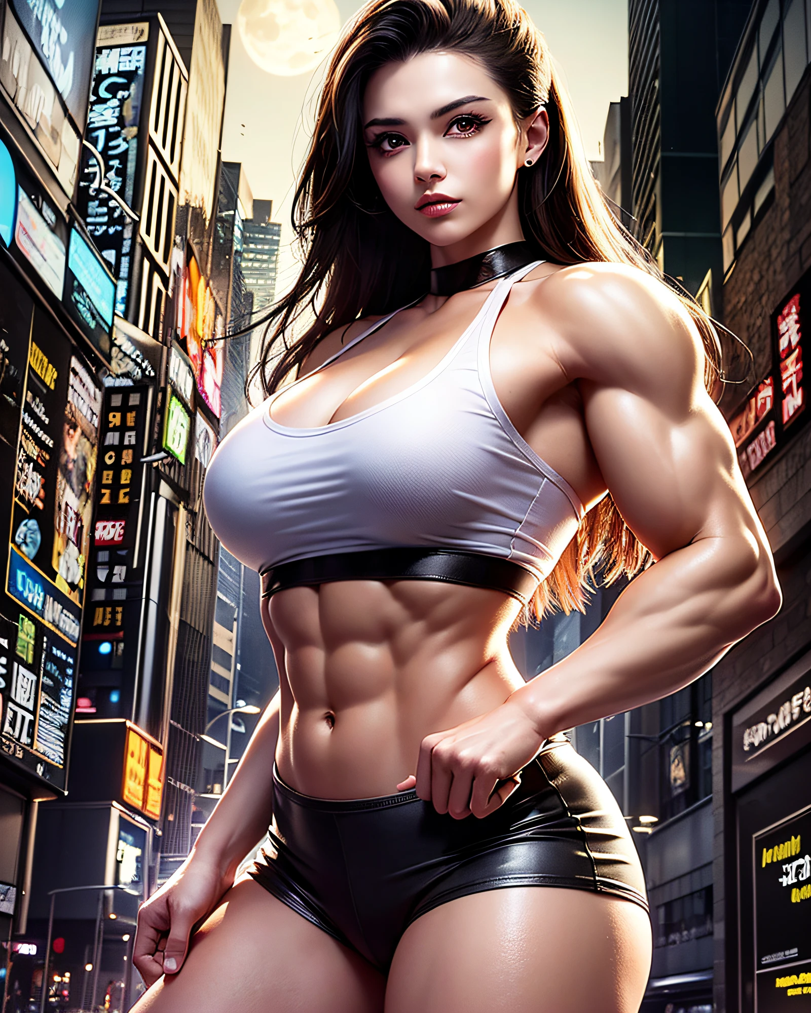 (masterpiece, best quality:1.37), ultra-detailed:1.37, hyper-sharp:1.37, anime style, An illustration of a female vampire bodybuilder, The female bodybuilder is 2m tall and has a muscular build. A female bodybuilder wears a tank top and shorts, exposing her muscles. A female bodybuilder is standing in a night street under the red full-moon,