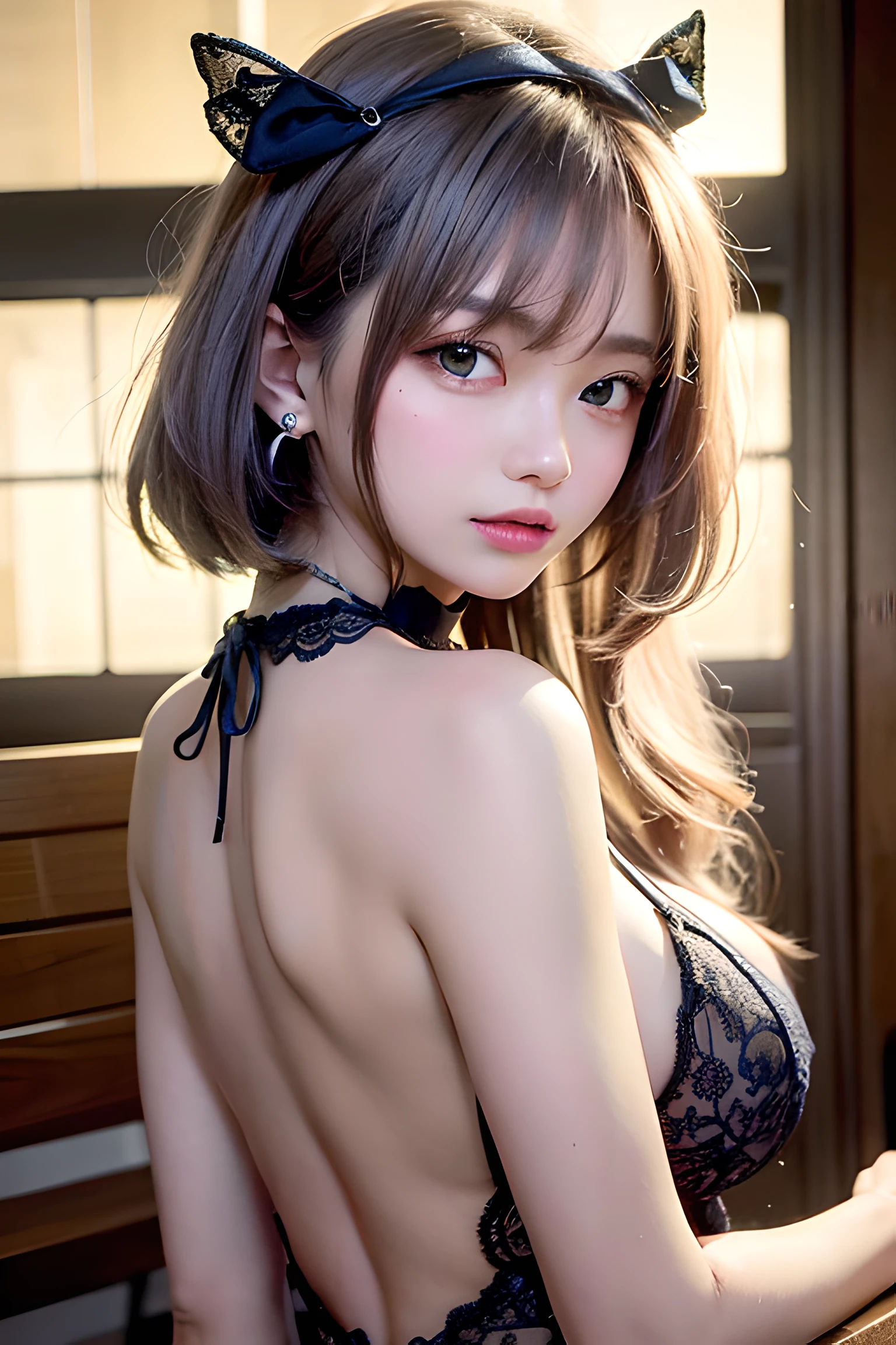 ((( on wooden bench)))((Cover your chest with your hands ,No top))，Head flower decoration，Very many petals，Pouting slightly，The back exposes the buttocks，The kinky is exposed，Naked women，Butt up，Hands and feet apart，Soft sunken bed，table lamp，（（tmasterpiece）），on  back，Naked，(No top|The quilt covers the upper body:0.5)（realisticlying：1.2） tmasterpiece， best qualtiy， high high quality， absurderes， rich colourful， stunning art， best qualtiy， ultra - detailed， beautifuldetails， reflective hair， Good lighting， Ray traching， depth of fields， ultra - detailed， illustratio， astounding， finedetail， The is very detailed， （（ultra - detailed））， （Beautiful Meticulous Girl）， Beautiful detail glow， Complicated details， A high resolution， Extremely refined and beautiful， beatiful detailed eyes， hdr， Round eyes， detailedfacialfeatures， （Round pupils：1.4） （illustratio）， （美丽细致的眼睛）， （very vey very detailed face））， depth of fields， （alluring face）， （evilsmile：1.3）， parted lip， （looking at viewert：1.1）， closeup cleavage， wide wide shot， Side Body， photore， lewd poses ， Moody light， Sistine Phil Beldev，， leges， ssmile， daysies，（（（tmasterpiece，Best quality，A high resolution）））），Extremely detailed 8K，Beautiful girl with busty body，（hyper HD，ultra - detailed，High detail，high realistic，Ultra-realistic，Photo realism），（1girll：1.5），（realistic dark hair），Short curly hair，Bob cuts hair，（Dynamic posture），Face the camera，A shallow smile，Open lips，Light blue eyes，Average chest，乳溝，（Beautiful and detailed face，Beautiful and delicate eyes），sweat leggs，luminous，（Sunlight，Sunlight），（Beautiful buttocks 0.5），Cover your chest with only your hands，hips bare，，Large-rim glasses，earring，Pink sexy yarn，（Black sexy lingerie、Black openwork underwear、Transparent embroidered tulle underwear set）Lace pantyhose、Lace gloves、Wedding headscarf、pearls necklace，Bridal bandana，（toppless）Very small panties（（Twine crotch knot））（Place your hands behind your head to tie the knot）Only the genitals are covered,Moles under eyes, ((Gray-blue hair，Headbands，Headband))，Crystal glowing necklace，It is raining outside the floor-to-ceiling windows，misterious。