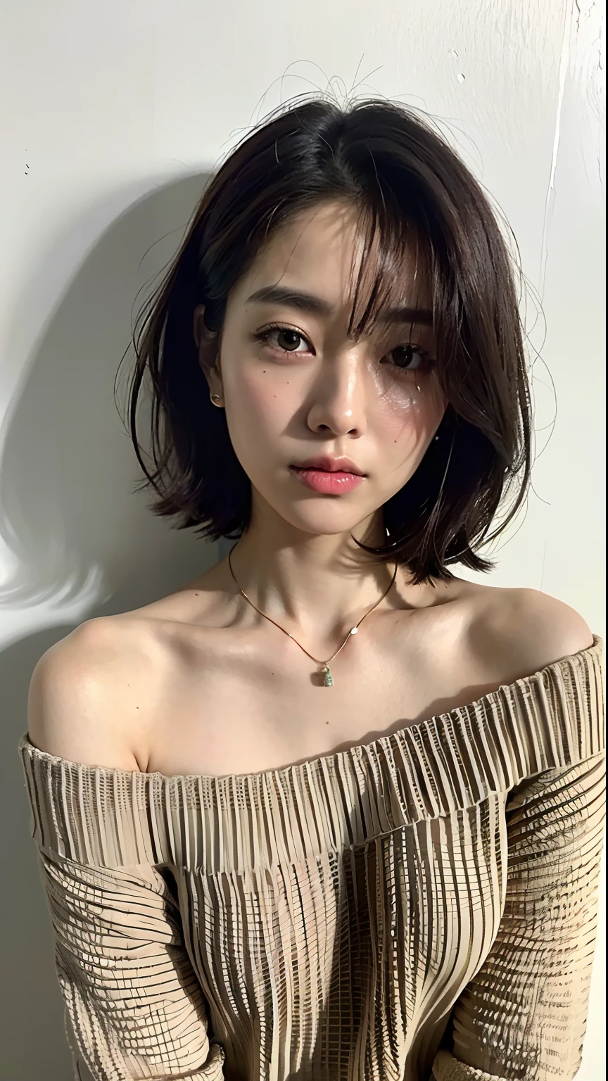 (highest quality、8K、32k、masterpiece、nffsw:1.2)、cute日本人女性の写真、big and full breasts、very short bobbed hair、Upper body、surface focus、extra large_sweater、necklace、simple background、From above、Search for viewers x4、(8K、Raw photo、highest quality、masterpiece:1.2)、(realistic、Photoreal:1.37)、1 girl、cute、professional lighting、photon mapping、Physically based rendering、gradient brunette hair、short curly hair、good looking、girly、excellent image quality、High resolution、1080p、(pretty face)、(Detailed facial description)、(Detailed Hand Explanation)、(Masseter muscle part)、(Detailed CG)、 extreme light and shadow、hair is dirty、masterpiece、Rich details、(exquisite features)、(best image quality)、(masterpiece)、(detailed eye)、looking forward to your eyes、delicate clavicle、various poses、Don&#39;Don&#39;don&#39;t watch the mela、profile、white wall、Taken in front of the white door、(窓のあるwhite wallの部屋)、autumn clothes、Winter clothes、シンプルnecklace、薄い紫色のsweater