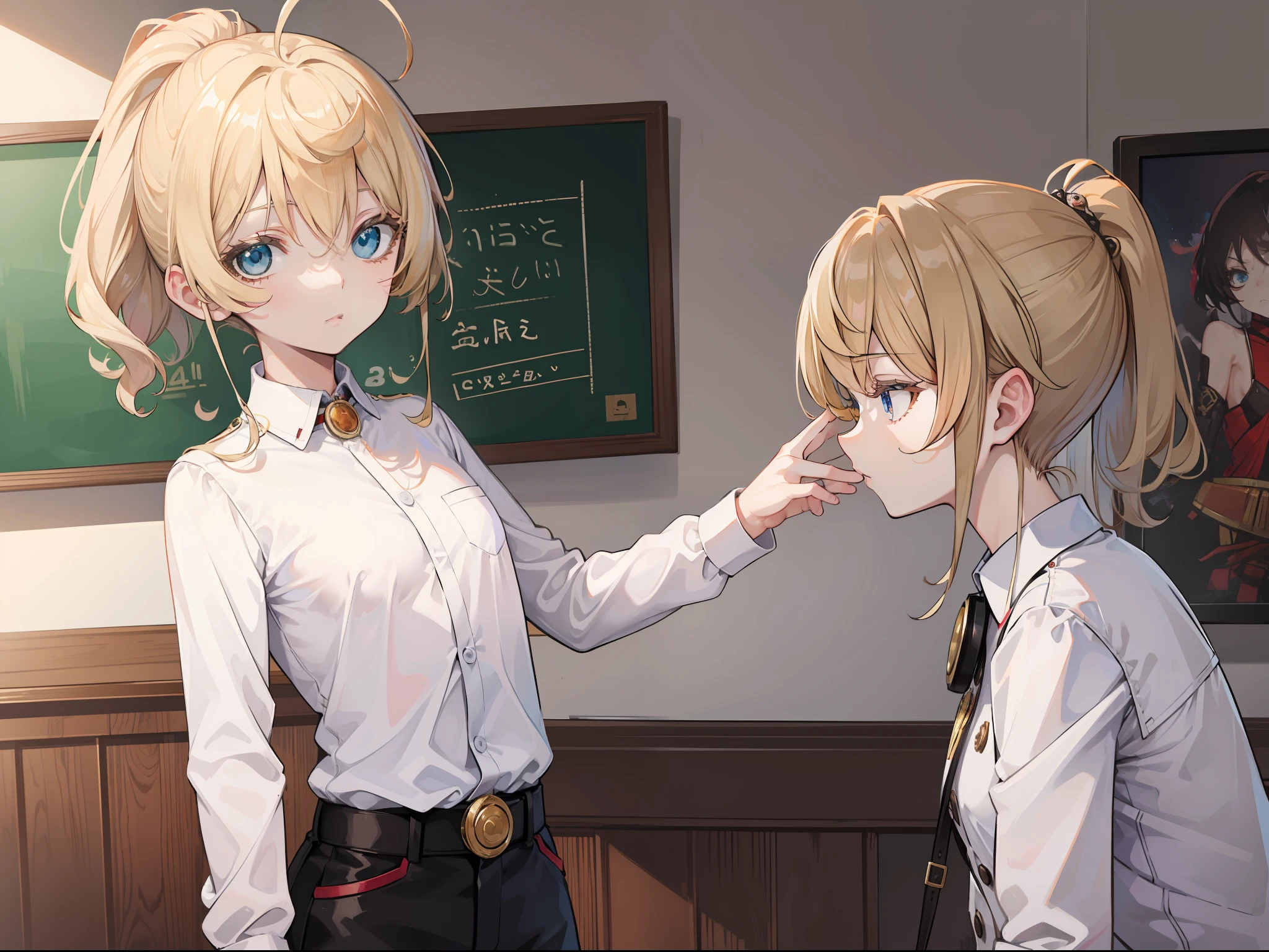 Tanya von degurechaff, White shirt, buttons unbuttoned, shorts, small breasts, ((Meeting room, good anatomy, masterpiece, nice, high quality, detailed quality))