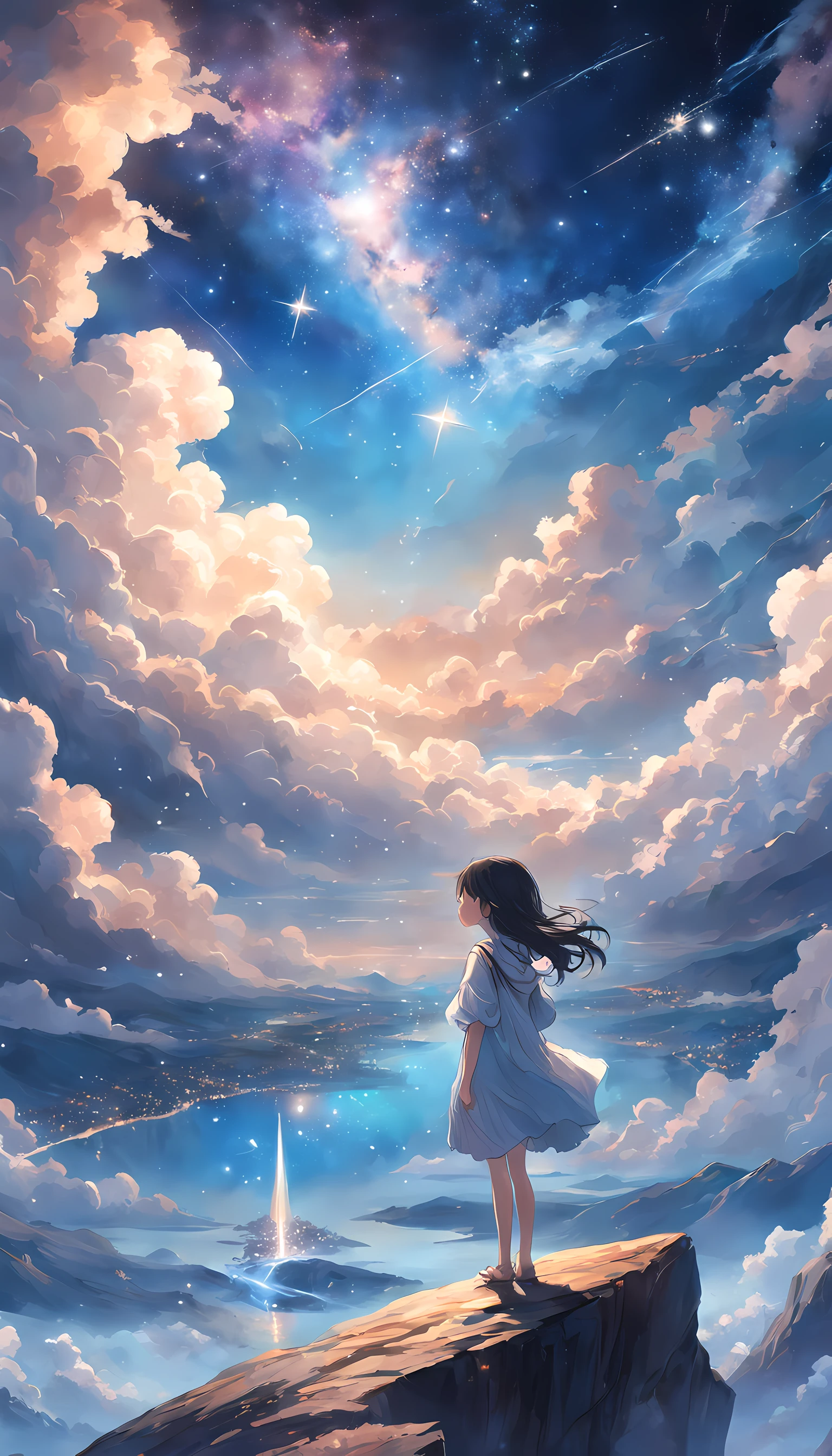 Step into a world of wonder and ethereal beauty, where reality and dreams intertwine. Visualize an awe-inspiring scene - a breathtaking view of a sea of stars, shimmering brilliantly above a blanket of fluffy clouds. In the foreground, a young girl stands on a cloud, her silhouette poised against the celestial panorama. BREAK Describe the girl's stance as she gazes up at the vast expanse of twinkling stars, capturing her sense of awe and reverence. Explore the emotions evoked by the scene - a mix of wonder, curiosity, and a deep connection to the vastness of the universe. Consider the significance of this moment for the girl - is she contemplating her place in the cosmos, seeking solace or inspiration, or perhaps embarking on a celestial journey of her own? BREAK Craft a brief narrative or evoke a sense of atmosphere, using evocative language to emphasize the surreal and otherworldly nature of the scene. Explore the interplay between the tangible and the intangible - the solid cloud beneath her feet contrasting with the infinite expanse of stars above. Consider incorporating sensory details such as the soft touch of the cloud, the sound of distant celestial music, or the faint scent of stardust in the air.