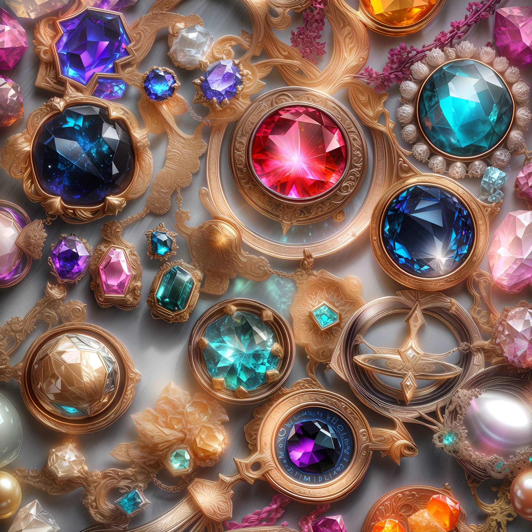 (food style: 1.2), (Full Focus: 2), (Everything in Display Cabinet: 1.3), (Magic Items | Colorful Gems | Cherry Blossoms | Printed Silk Products | Medals | Ores | Obsidian | Pearl | Emerald | White Jade | Amethyst | Sapphire | Gold Products | Silver Products | Purple Gold | Magical Jewelry | Antiques | Ruby | Orange Gem | Blue Gem | Topaz |: 2), Magic Symbols, Magic Particle Effects, High Tech Luxury, High Value Jewelry, High Value Metal, Luxury items, no puzzles, detailed and complex backgrounds, sparkling, reflective light, ultra high definition, award-winning, a high-resolution, high detail texture, contrast between light and dark, cinematic lighting, masterpieces, ray tracing, structurally correct, super details, high-quality, high detail, best quality, 16k