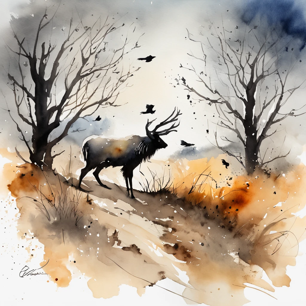 Two crows in a dead tree, Uma sombra em Forma de andador, Noite estrelada, Thick fog on the ground, Luz azul no horizonte, Motor Unreal 5, cinemactic, Low-angle photography, motion blur, proFundidade de campo, dust, Cobblestones and dirt. arte splash, pingando tinta. Perfect color classification. inFluenciado por karel Appel e jeremy mann, Full of dramatic and threatening scenes, hiper-detalhado, Beautiful, detalhes insanos, detalhes intrincados, FotograFia Editorial, FotograFado com uma lente de 50mm, proFundidade de campo, Tilt Blur, Velocidade do obturador 1/1000, F/22. Mapas de luz, super brilhante