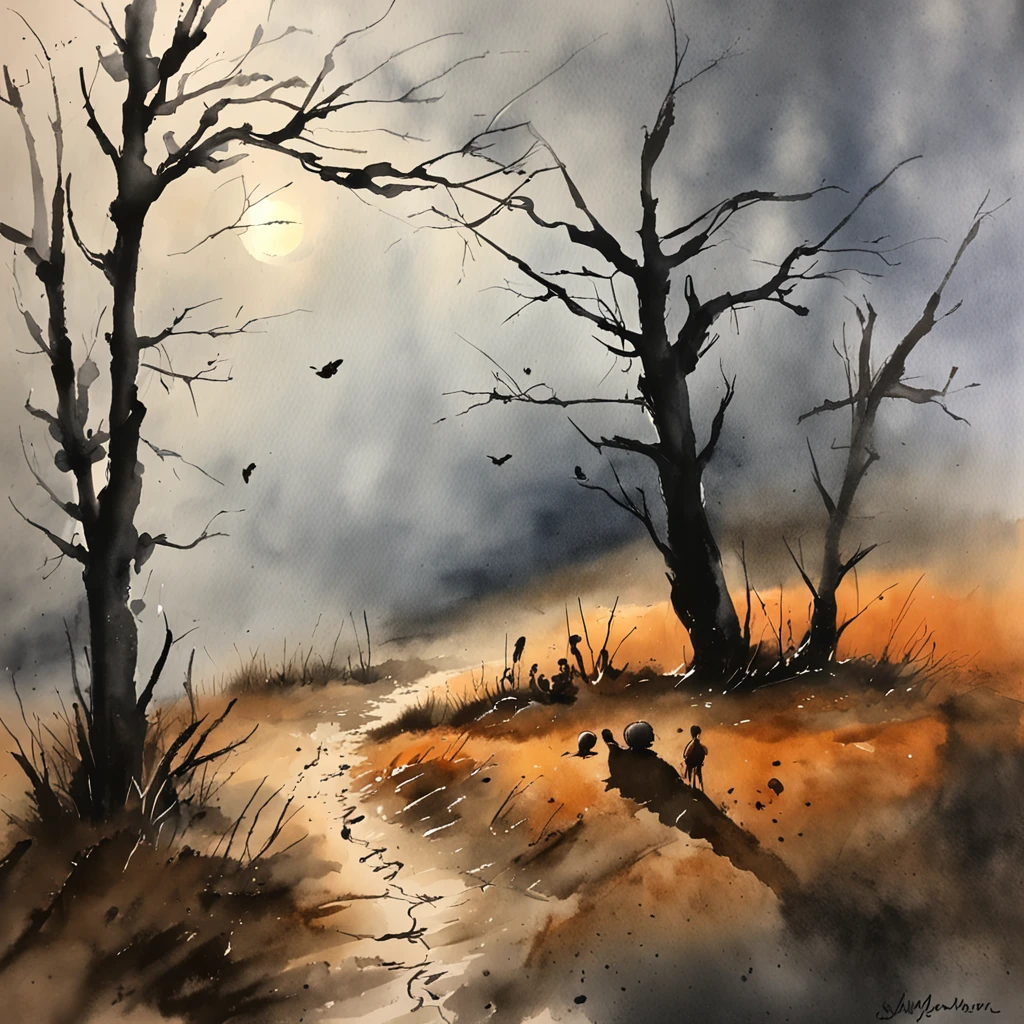Two crows in a dead tree, Uma sombra em Forma de andador, Noite estrelada, Thick fog on the ground, Luz azul no horizonte, Motor Unreal 5, cinemactic, Low-angle photography, motion blur, proFundidade de campo, dust, Cobblestones and dirt. arte splash, pingando tinta. Perfect color classification. inFluenciado por karel Appel e jeremy mann, Full of dramatic and threatening scenes, hiper-detalhado, Beautiful, detalhes insanos, detalhes intrincados, FotograFia Editorial, FotograFado com uma lente de 50mm, proFundidade de campo, Tilt Blur, Velocidade do obturador 1/1000, F/22. Mapas de luz, super brilhante