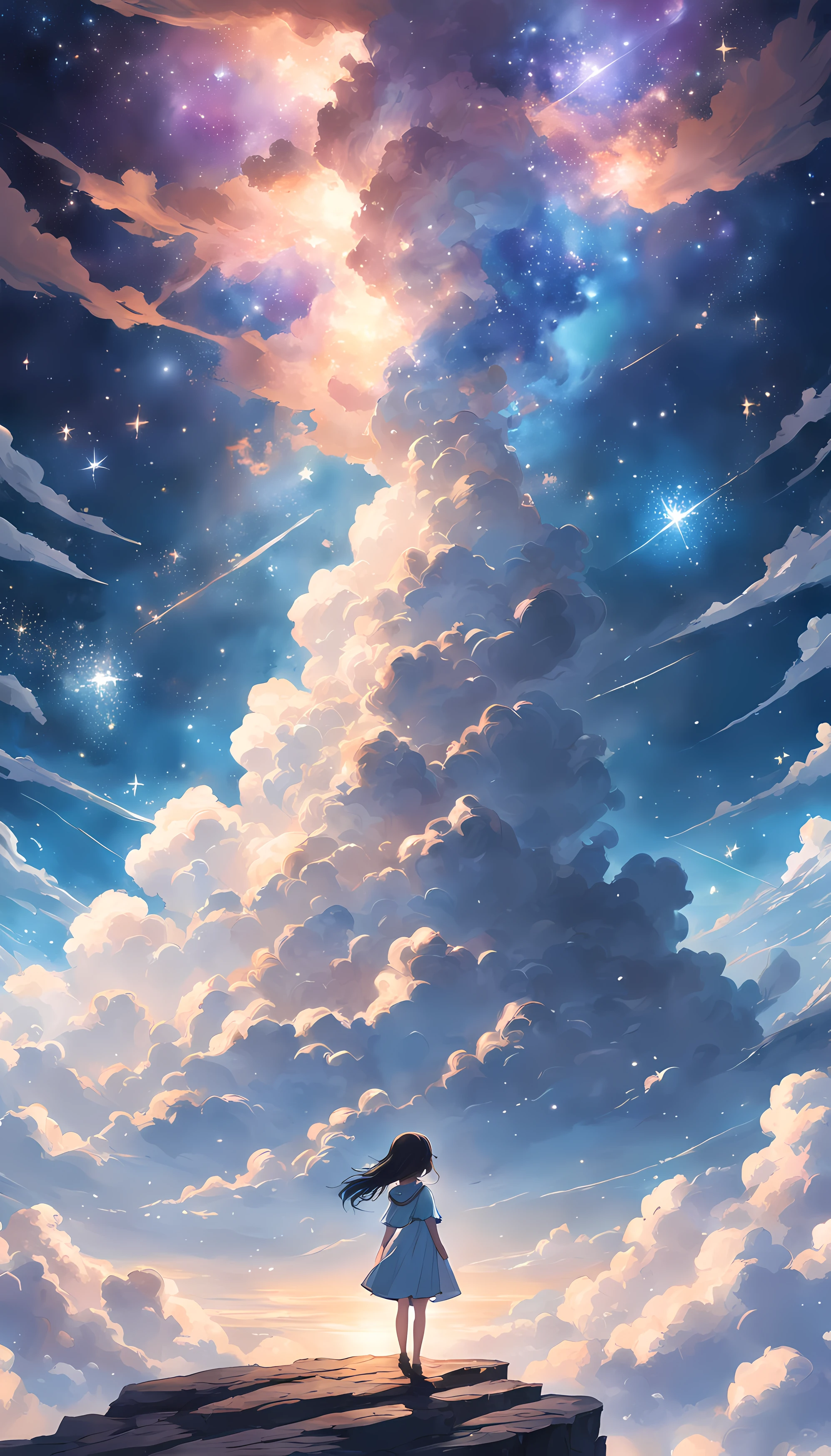 Step into a world of wonder and ethereal beauty, where reality and dreams intertwine. Visualize an awe-inspiring scene - a breathtaking view of a sea of stars, shimmering brilliantly above a blanket of fluffy clouds. In the foreground, a young girl stands on a cloud, her silhouette poised against the celestial panorama. BREAK Describe the girl's stance as she gazes up at the vast expanse of twinkling stars, capturing her sense of awe and reverence. Explore the emotions evoked by the scene - a mix of wonder, curiosity, and a deep connection to the vastness of the universe. Consider the significance of this moment for the girl - is she contemplating her place in the cosmos, seeking solace or inspiration, or perhaps embarking on a celestial journey of her own? BREAK Craft a brief narrative or evoke a sense of atmosphere, using evocative language to emphasize the surreal and otherworldly nature of the scene. Explore the interplay between the tangible and the intangible - the solid cloud beneath her feet contrasting with the infinite expanse of stars above. Consider incorporating sensory details such as the soft touch of the cloud, the sound of distant celestial music, or the faint scent of stardust in the air.