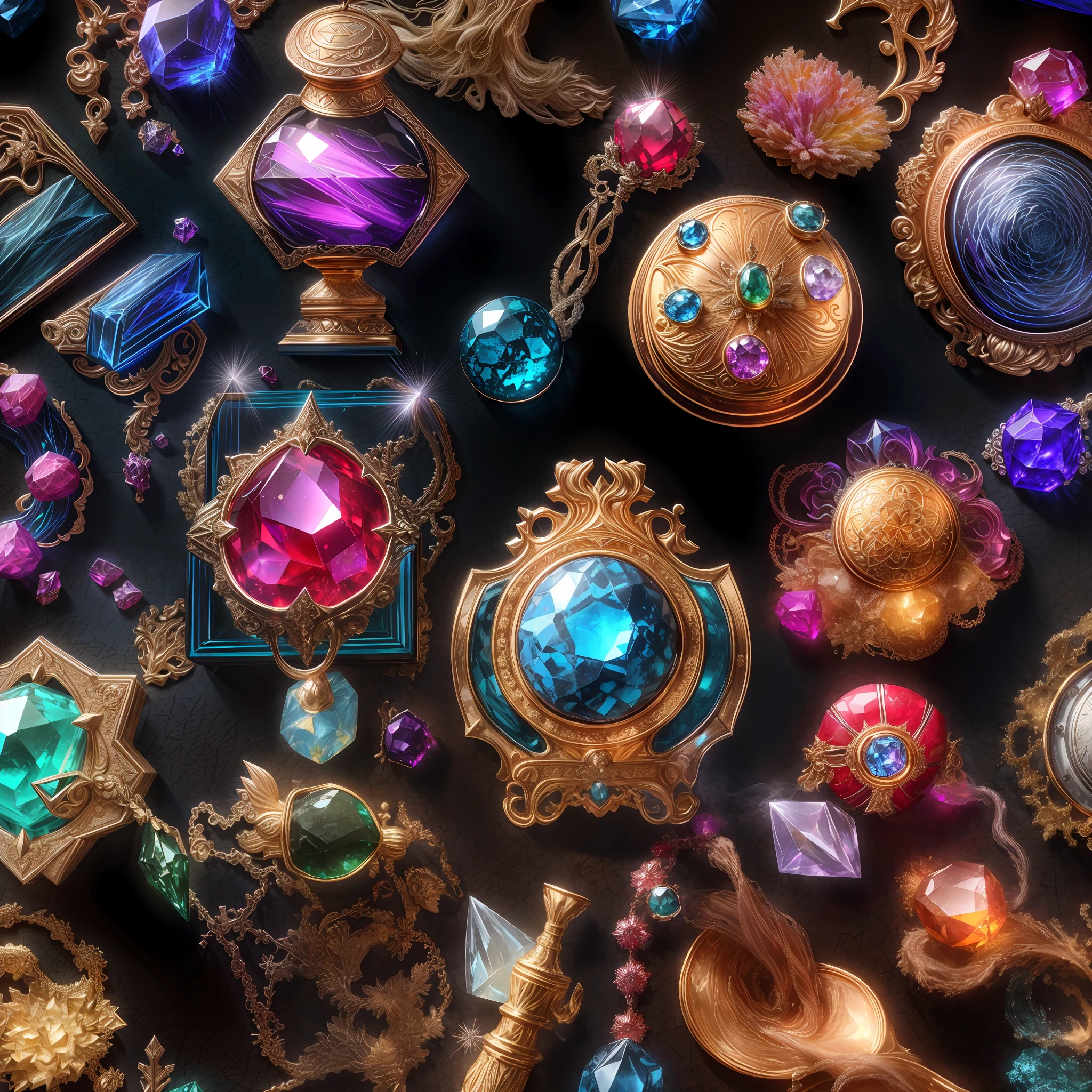 (food style: 1.2), (Full Focus: 2), (Everything in Display Cabinet: 1.3), (Magic Items | Colorful Gems | Cherry Blossoms | Printed Silk Products | Medals | Ores | Obsidian | Pearl | Emerald | White Jade | Amethyst | Sapphire | Gold Products | Silver Products | Purple Gold | Magical Jewelry | Antiques | Ruby | Orange Gem | Blue Gem | Topaz |: 2), Magic Symbols, Magic Particle Effects, High Tech Luxury, High Value Jewelry, High Value Metal, Luxury items, no puzzles, detailed and complex backgrounds, sparkling, reflective light, ultra high definition, award-winning, a high-resolution, high detail texture, contrast between light and dark, cinematic lighting, masterpieces, ray tracing, structurally correct, super details, high-quality, high detail, best quality, 16k
