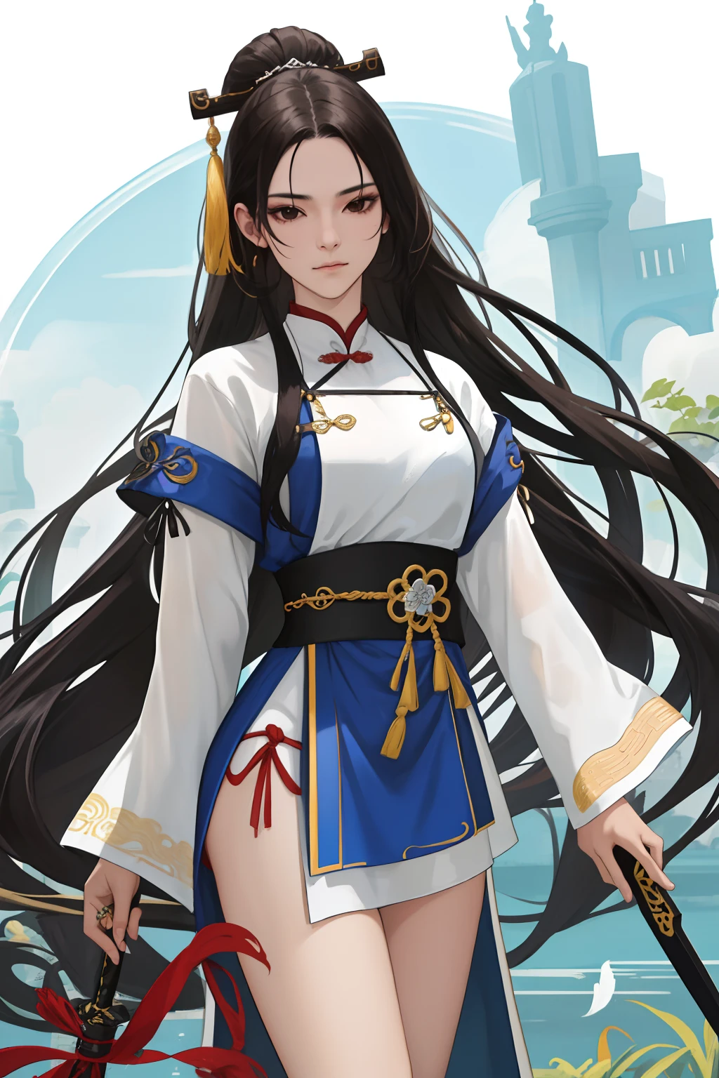 A young girl,Bigchest,Long white legs,Wear Japanese white silk gymnastics pants