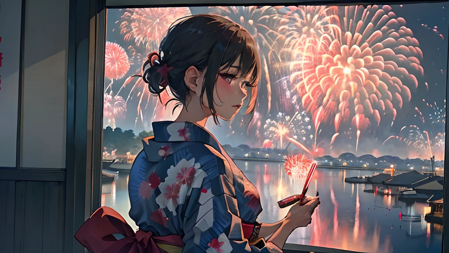 There is a woman wearing a yukata, Watch a spectacular fireworks display. Fireworks are huge and、Symbolizes the summer nights of the Japan's traditional festivals. (((Woman impressed while staring at fireworks))). (Illustrations are of high quality).((Transparent overall)),Fireworks are great