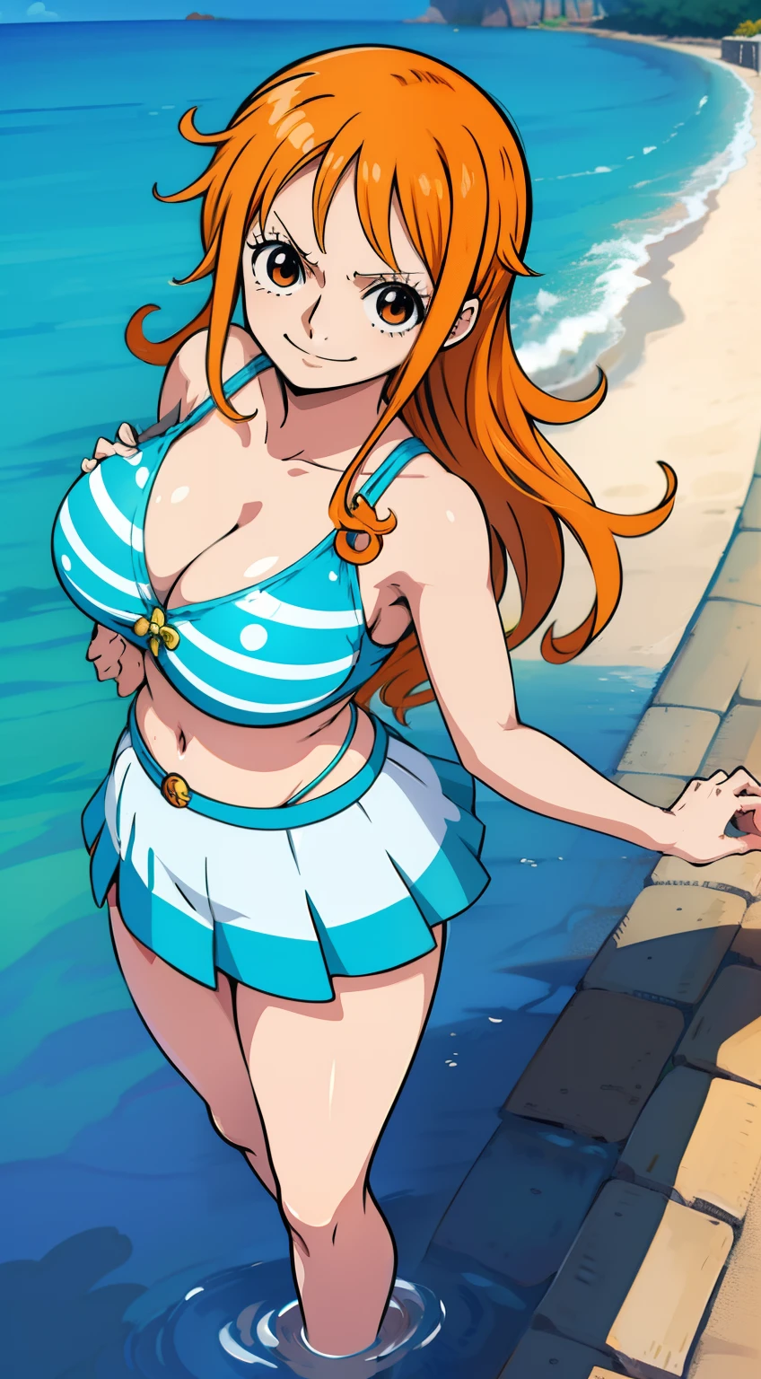 Generate a realistic anime-style image of Nami from One Piece. Capture her distinct appearance with orange hair, a blue and white striped shirt, and a cheerful expression. Ensure that the image reflects her adventurous and confident personality as portrayed in the anime., Full body, wide shot , nsfw, curvy athletic body, Island background,bra top, skirt