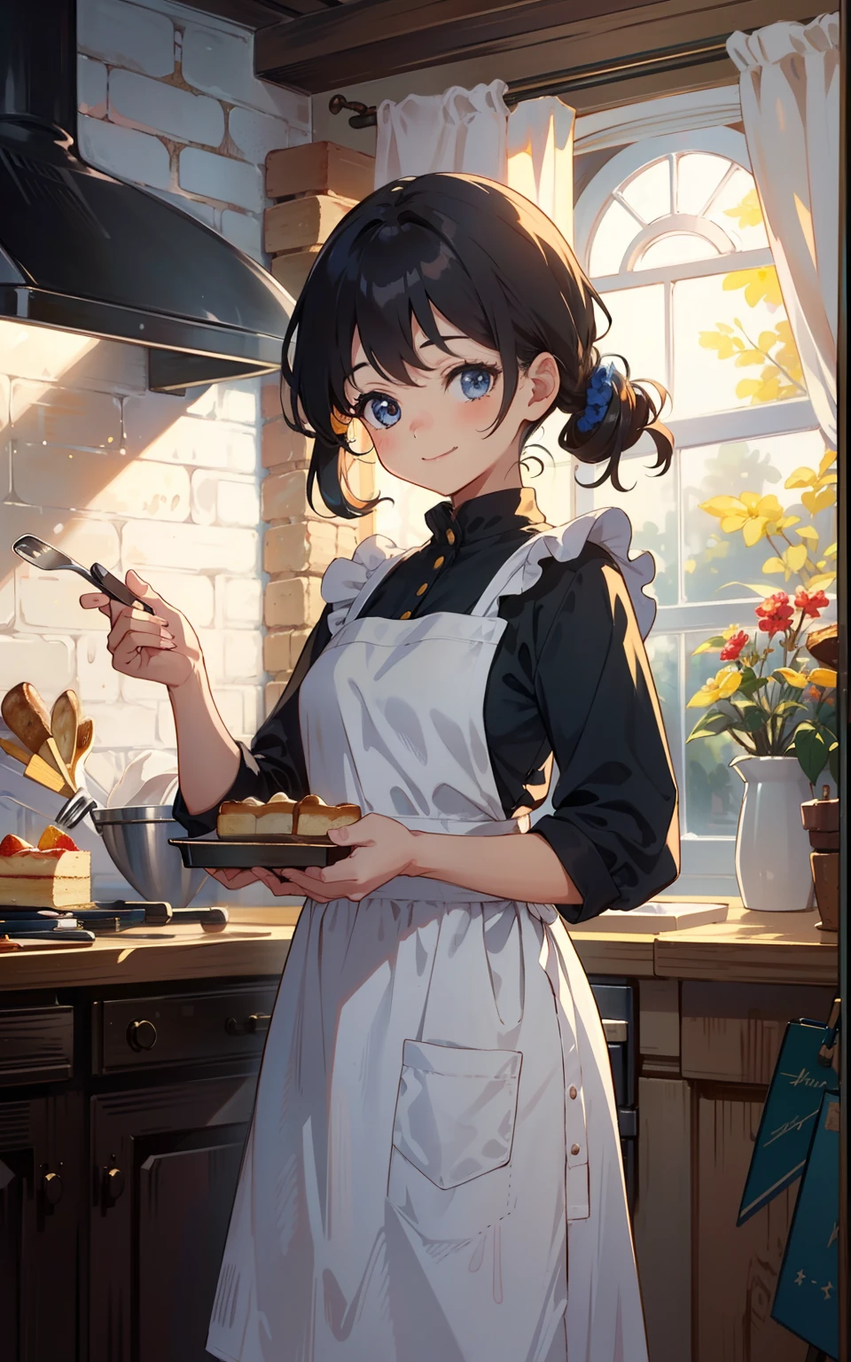 Baking girl in a cozy cottage: In a cosy cottage,A baking girl wears a cute apron,She stood in the kitchen,Holding a baking tool in his hand,The smile is bright。The table was filled with freshly baked bread and cakes,The whole scene is full of sweetness and warmth。