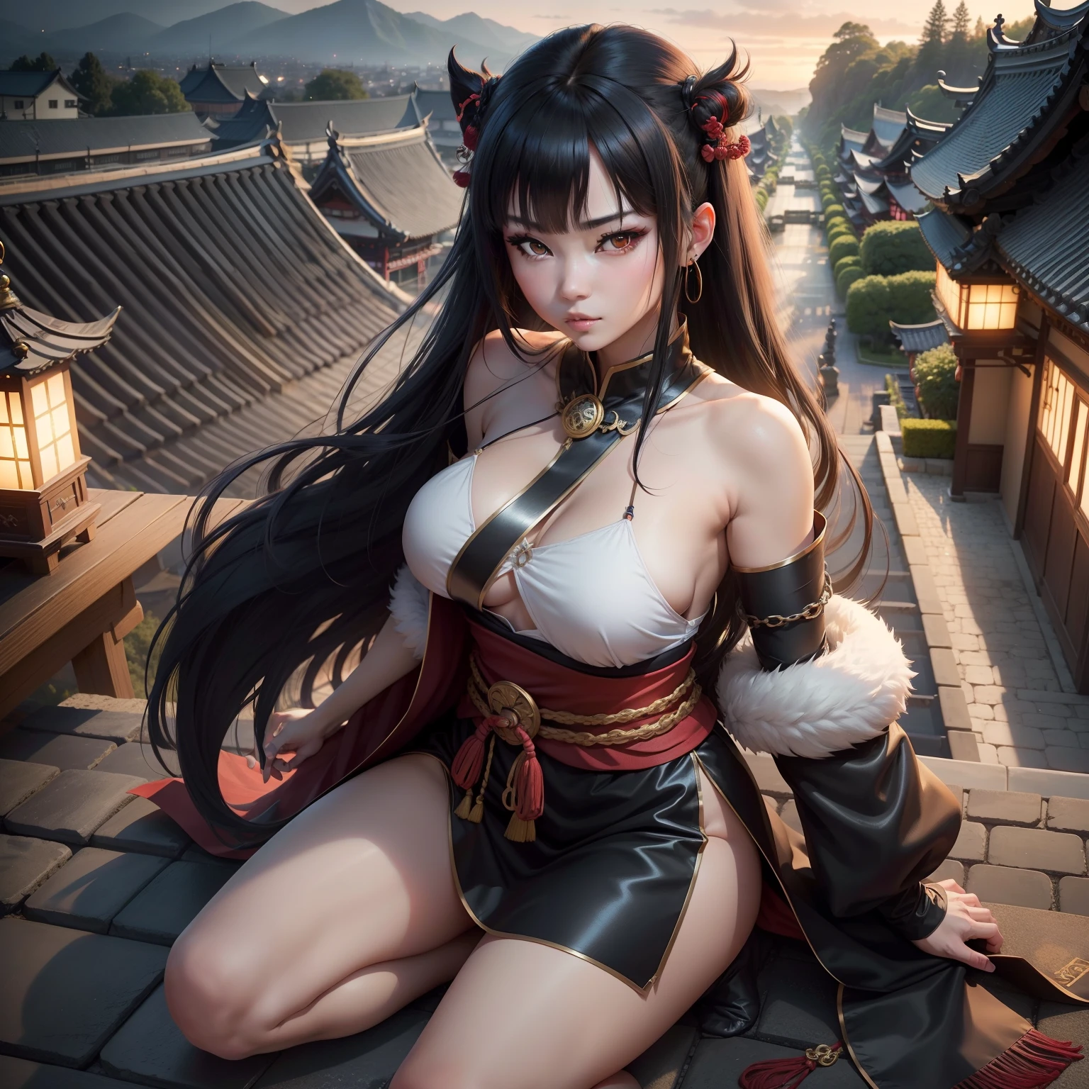 1womanl、high-level image quality、masterpiece、8K、accuracy、Lessons of Nindo(Golden Dong Bird China)、adult lady、glamor、Kunoichi、Female ninja、Longhaire、long hair to the waist、Very black hair、Untrimmed hair、Sharp eyes、Scary look、Red-red ninjutsu costume、Black Band、or slit、Bare feet peeking、Chain mail in your right hand、The left hand is a prosthetic hand、The background is Himeji Castle、natta、Running on a tiled roof