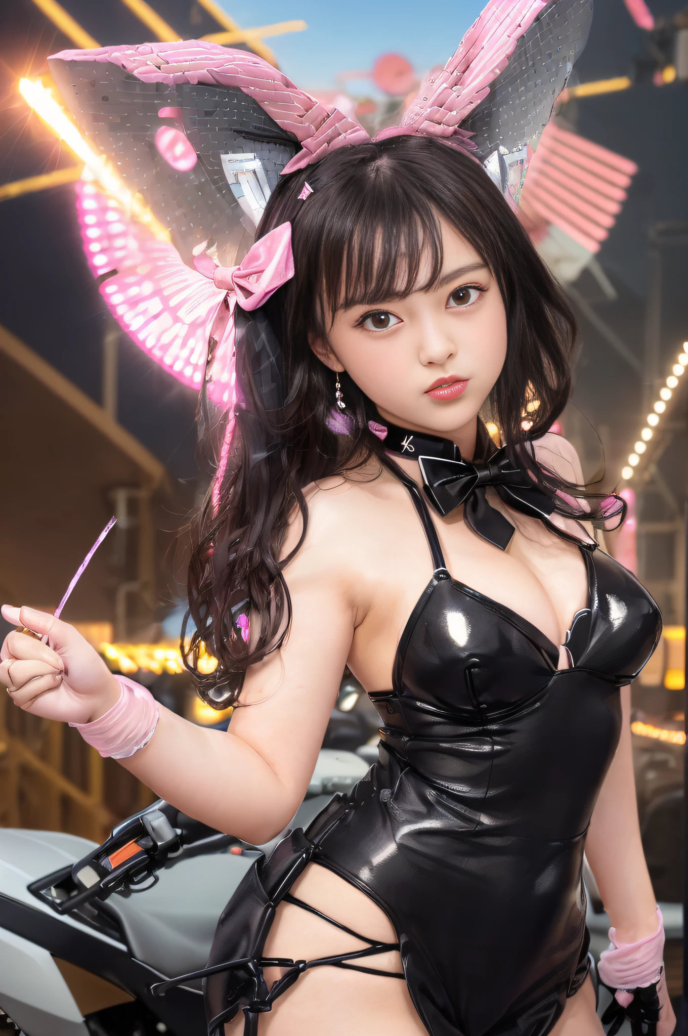 (((Girl driving a large motorcycle)))、(((Girl driving big motorcycle in the center of stage set)))、((Black theme))、(((Long ears black bunny girl hair band)))、(((Twin-tailed)))、(((Hair that flutters in the wind)))、Photorealsitic、超A high resolution、Convoluted、ultra-detailliert、(dent in the skin)、Cute、Feminine、Detailed body、the chest is medium、(A detailed face: 1.1)、(Outline of the iris)、(Hydrocore Lens)、(perfect eyes)、8K picture quality、16k picture quality、Beautiful fece、(masterpiece: 1.2)、(top-quality:1.2)、wide-hips、slenderbody、Optimal ratio of 4 fingers to 1 thumb、actionpose、((Black Enamel Knee-High Boots))、((Black Enamel Long Gloves)) 、(((Black Micro Bikini)))、(((Bunny girl collar and black bow tie)))、(((Accurately depict limbs))))、NSFW、(((Dark concert stage)))、(((Flying laser beam)))、(((Pink downlight)))、(((Flying Spotlight)))、(((Glittering Stage Sets)))Large motorcycle in the rear、Harbor at dusk、Battleship in the back、Aircraft carrier in the back
