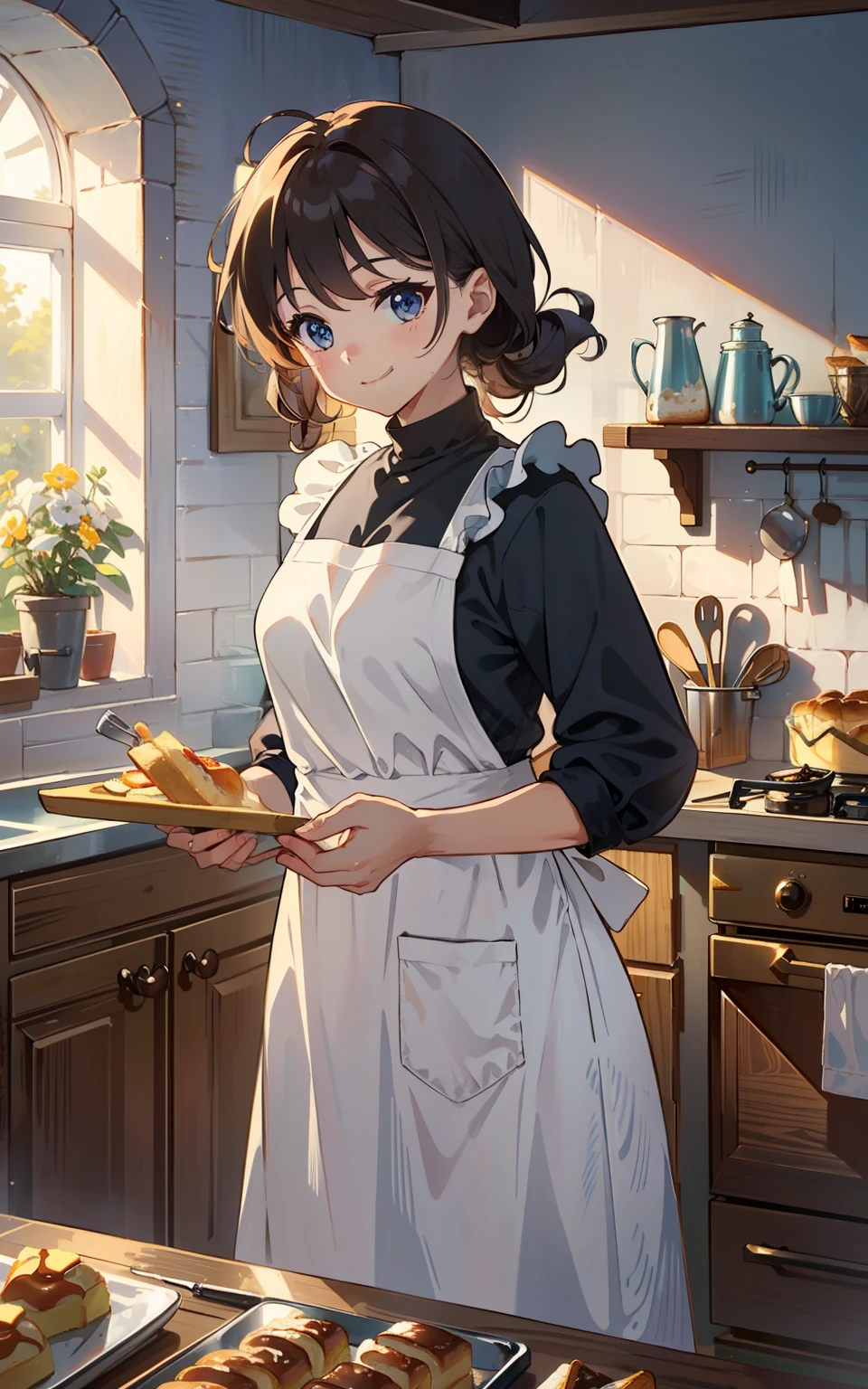 Baking girl in a cozy cottage: In a cosy cottage,A baking girl wears a cute apron,She stood in the kitchen,Holding a baking tool in his hand,The smile is bright。The table was filled with freshly baked bread and cakes,The whole scene is full of sweetness and warmth。