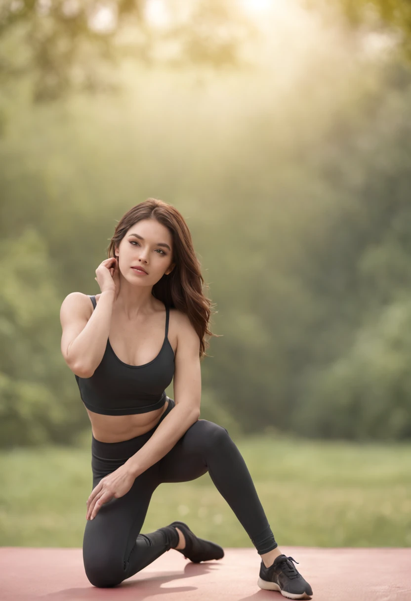 Corpo inteiro, mola canon de 55mm, volumeric lighting, Fujifilm XT3 lento, Retrato corpo inteiro , uma jovem mulher branca, Musculoso, very worried facial expression, 30 anos, medium light brown hair, mid hair, cabelo cacheado, wearing gym clothes, academia, image high resolution, textura detalhada, profundidade de campo realista, fazendo yoga na sala de estar