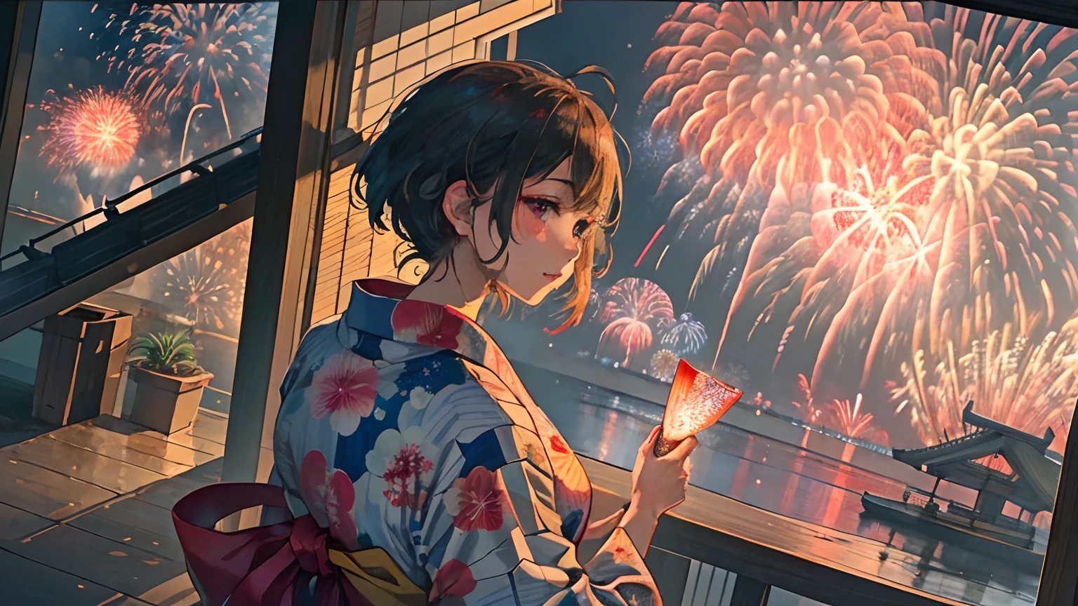 There is a woman wearing a yukata, Watch a spectacular fireworks display. Fireworks are huge and、Symbolizes the summer nights of the Japan's traditional festivals. (((Woman impressed while staring at fireworks))). (Illustrations are of high quality).((Transparent overall)),Fireworks are great