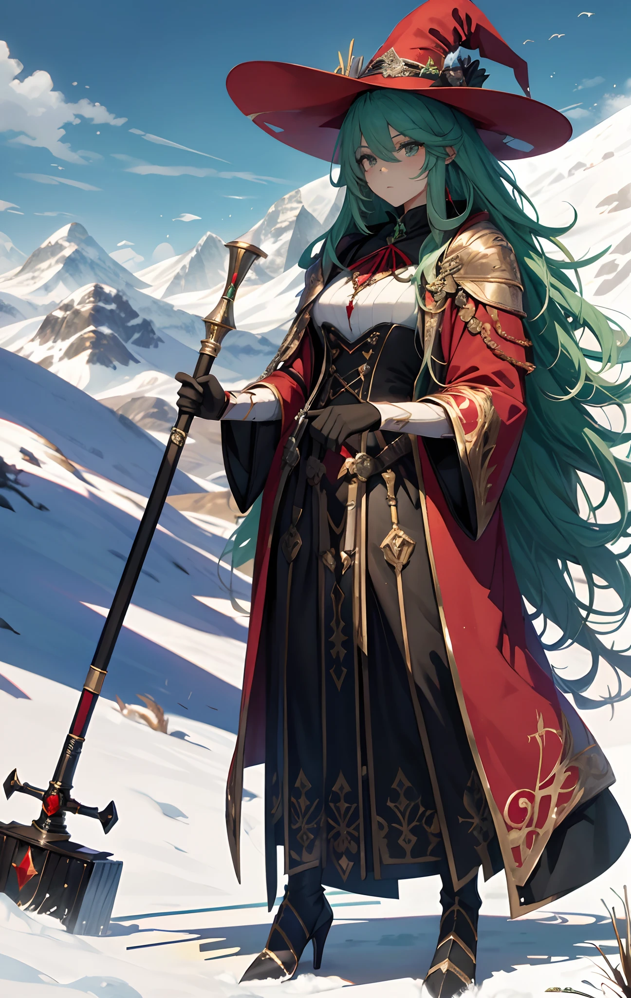 best qualityer，tmasterpiece，Ultimate resolution，downy，Extremely colorful，Colorful，Alpine background，Sky flight，（Red magic robe long dress），Long flowing green hair，The Witch，a matural female，red high heel pumps，Sit on a magical broom，flight，Normal posture