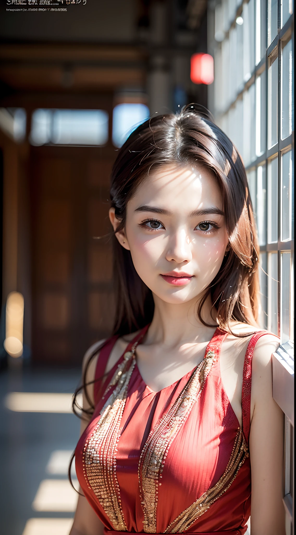 Upper-class woman in formal dress、Longer dress、Shining Red、Gorgeous Dresses、On the windowsill in the hallway、young sensual woman, Gorgeous young Japan woman, Beautiful young Japan woman, A smile, Innocence, Young Asian Woman, Young Asian Girl, Beautiful young asian woman, (Photorealsitic), Look at the viewer, Face Viewer, (intricate-detail:1.2),(masterpiece, :1.3) ,(top-quality:1.4), (超A high resolution:1.2), 超A high resolution, (A detailed eye), (detailed facial features), nffsw, 8K resolution, (Lens Flare: 0.7), turned around,