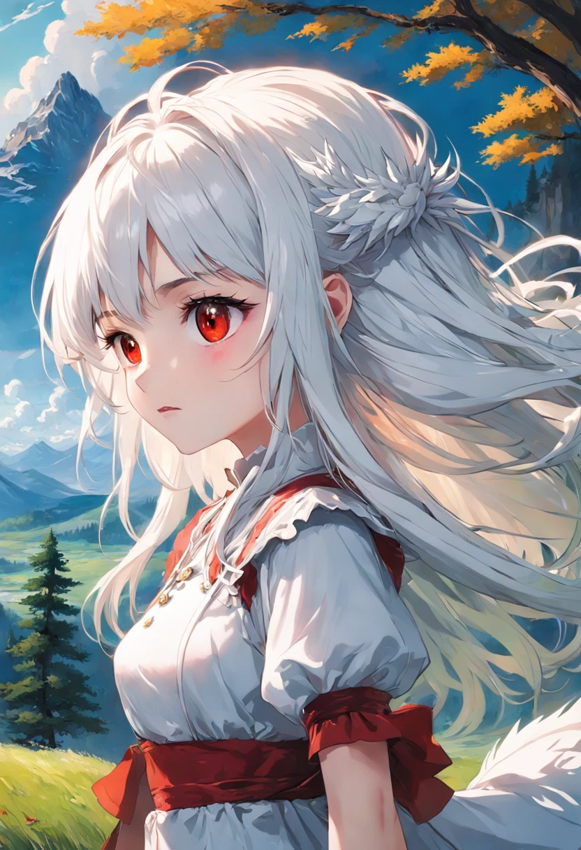 (highly detailed), ((masterpiece)),(Impasto), intricate, church painting,(((1 girl))) , painting frame, fantasy ,delicate grassland,sorceress,shepherd long white hair,red dragon eye,white dress ,(pretty face),beautiful detailed face,extremely delicate and beautiful girls,alps,evergreen coniferous forest ,clear sky ,wind ,beautiful sky ,cumulus