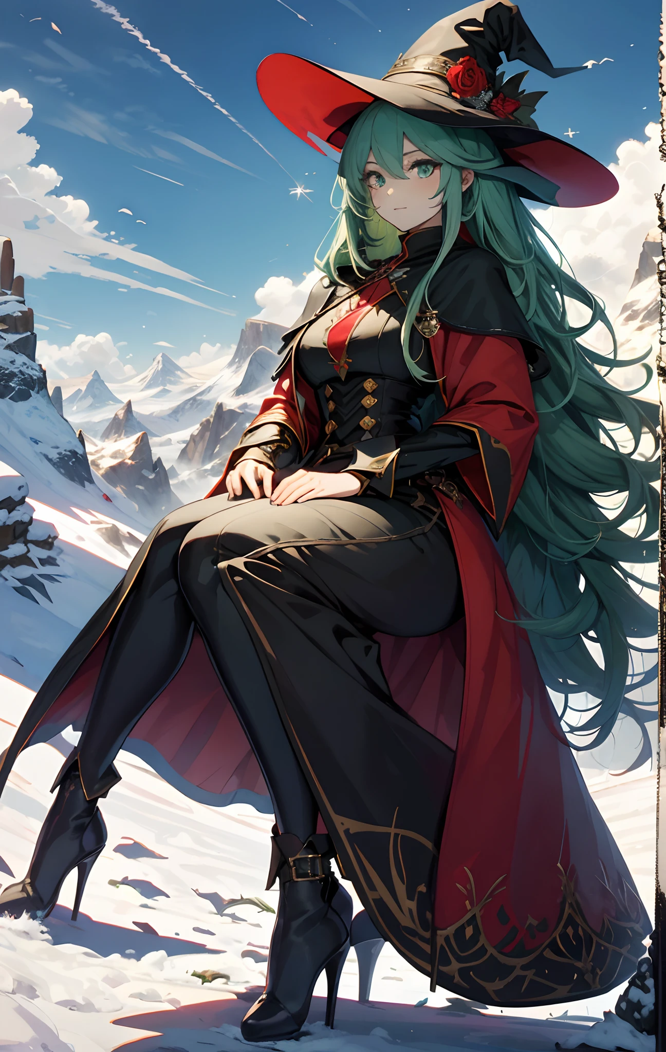 best qualityer,tmasterpiece,Ultimate resolution,downy,Extremely colorful,Colorful,Alpine background,Sky flight,(Red magic robe long dress),Long flowing green hair,The Witch,a matural female,red high heel pumps,Sit on a magical broom,flight,Normal posture