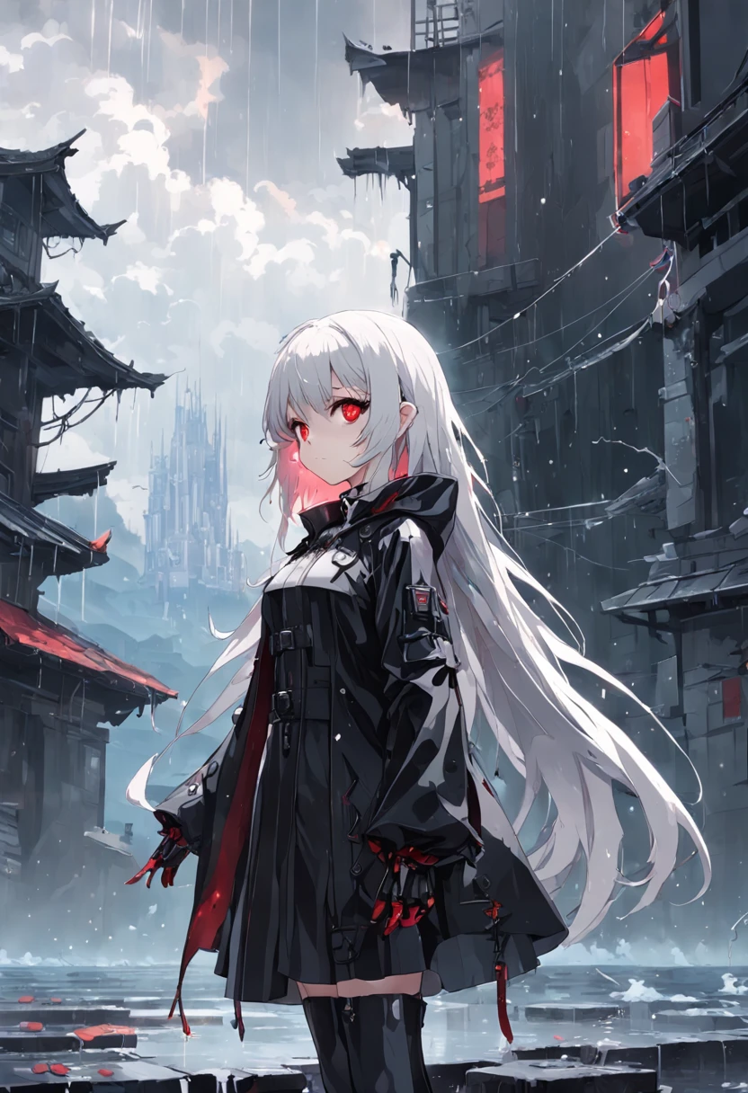 ((pixel art)),masterpiece, best quality, cinematic lighting,soft lighting,(1girl :1.3),morning,red eyes,beautiful white hair,(TechWear :1.1),transparent raincoatblack gloves,Black coat,(with red ornaments:1.05),(with blue ornaments:1.03),looking to the side,flat chest,raining,beautiful detailed water,beautiful detailed sky,ruins