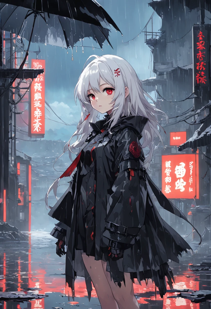 ((pixel art)),masterpiece, best quality, cinematic lighting,soft lighting,(1girl :1.3),morning,red eyes,beautiful white hair,(TechWear :1.1),transparent raincoatblack gloves,Black coat,(with red ornaments:1.05),(with blue ornaments:1.03),looking to the side,flat chest,raining,beautiful detailed water,beautiful detailed sky,ruins