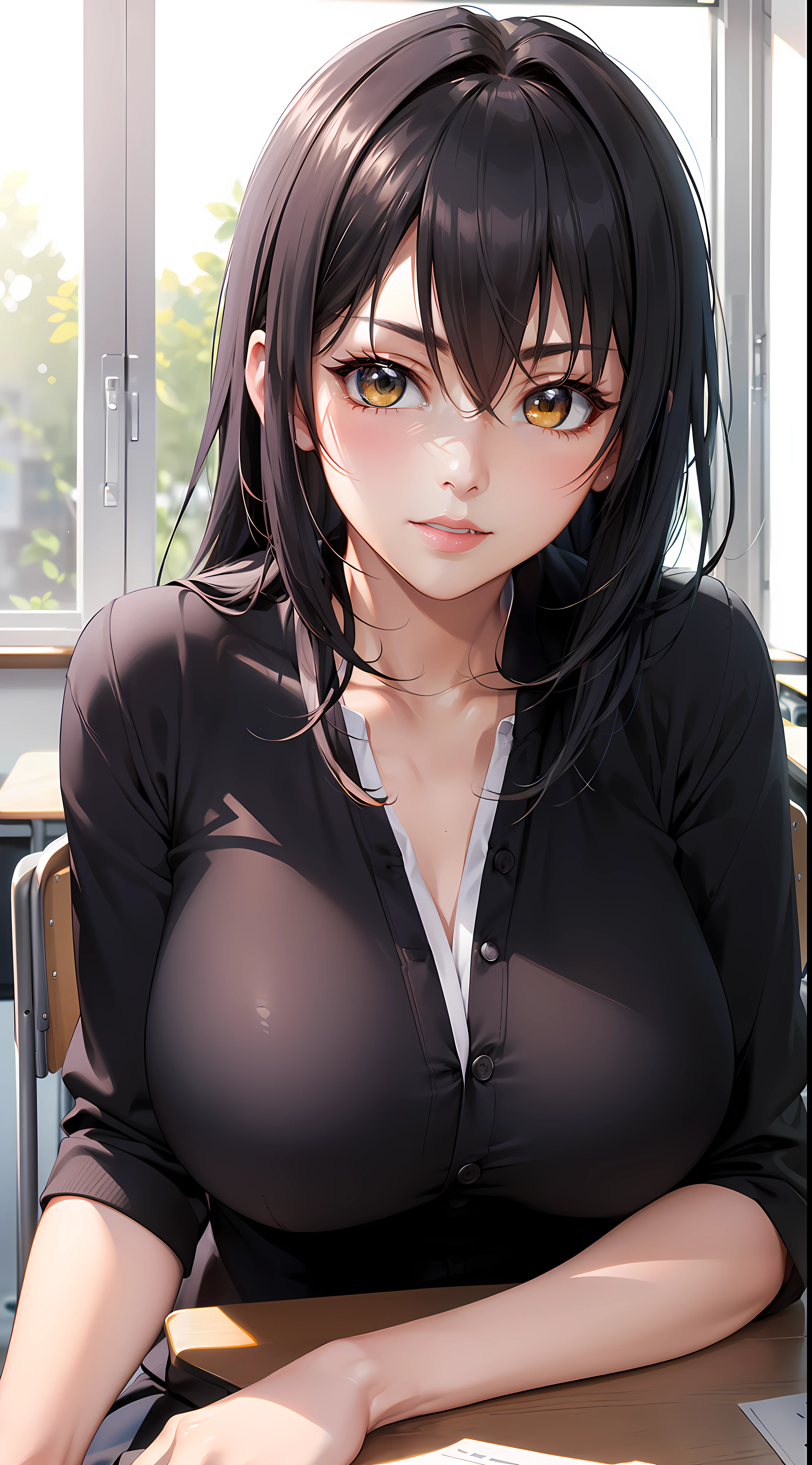 professional artwork, Intricate Details, field of view, sharp focus, detailed painting, photorealistic lighting, trending on pixiv,(masterpiece:1.0),(best_quality:1.0), ultra high res, ultra-detailed, photography, 8K, HDR, highres, absurdres:1.2, Kodak portra 400, film grain, sharp focus, bokeh:1.2, lens flare, (vibrant_color:1.2), (((indoors, classroom, classroom details, sitting on chair, perfect  sitting, leaning to table))),
female mature, black hair, long hair, yellow eyes, , japanese student, student outfit, formal, hair intakes, 35yo,mature female,Beautiful Finger,Beautiful long legs,Beautiful body,Beautiful Nose,Beautiful character design, perfect eyes, perfect face, looking at viewer, official art,extremely detailed CG unity 8k wallpaper, (Beautiful,large_:1.4), (beautiful_face:1.5),(narrow_waist), (solo:1.4), (upper body, half body shot),