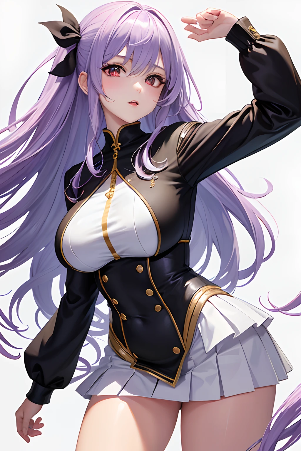 Long purple hair girl,White dress,black jacket,too big breasts,pose Jack-o pose