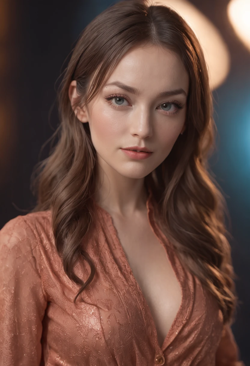 Young Olivia Wilde, ((Full-body shot from head to toe)), Solo, ((Light orange tight shirt)), ((Red leggings)), ((Show off your nakedness)), Disco Party Background, Long hair, Looking at Viewer, Blue eyes, ((masutepiece)), Standing, blush, Sexy Pose, large wide chin, Small forehead, Natural Skin, Dramatic Lightning, Intricate details, hight resolution, Unity 8k壁纸, ultra-detailliert, Aesthetic, masutepiece, Best Quality, Photorealistic, 85 mm, F1.8, Portrait, hyper realisitic, super detailed, Sunset lighting, High dynamic range, Detailed background, Complex and detailed face, long eyelashes, Detailed eyes, Black eyeliner, (Solo: 1.3)