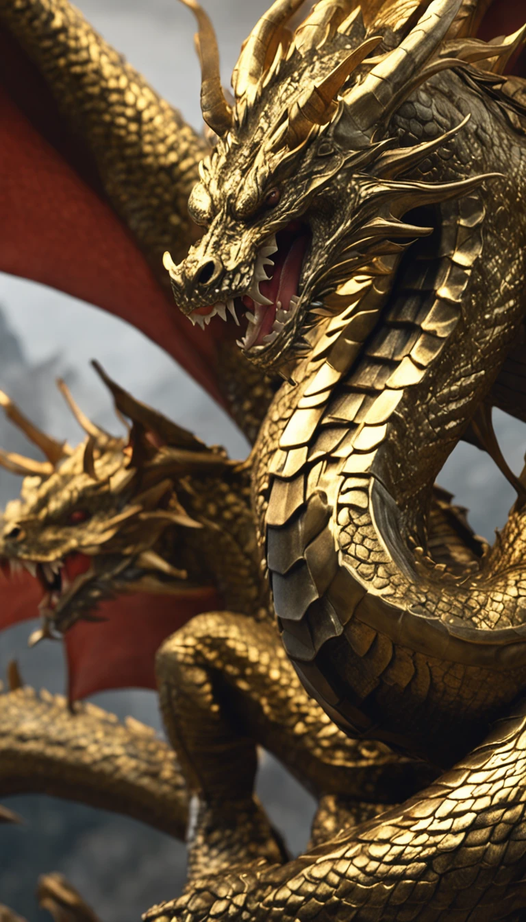 photograph, absurdres, highres, ultra detailed,
Golden Three-Headed Dragon, King Ghidorah